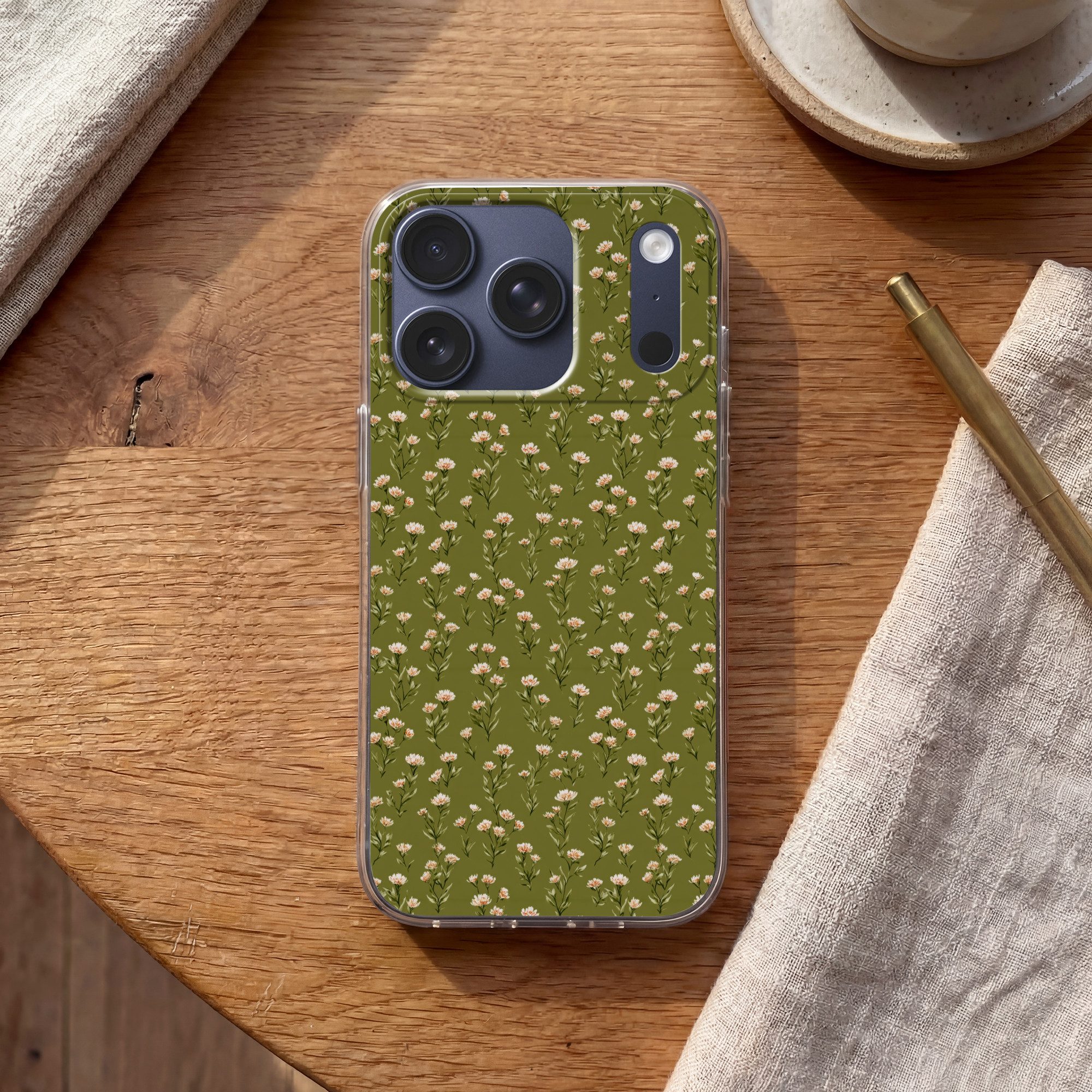 MuchoWow Handyhülle für Apple iPhone 17 Pro Rustikal - Blumen - Grün, Smartphone-Bumper, Print, Handy Schutzhülle Dünn