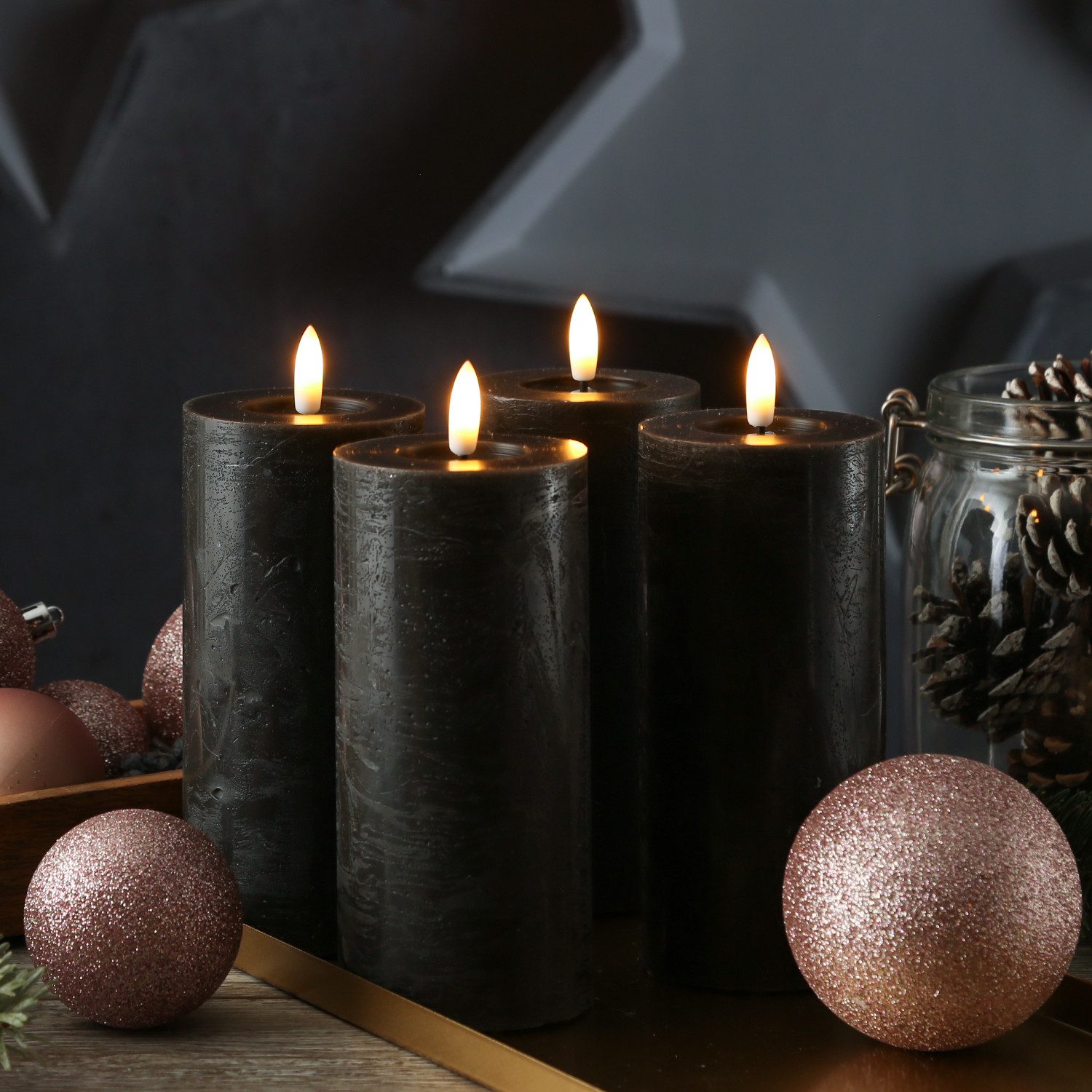 Adilina LED-Kerze Kerzenset LINA Rustik Optik für Adventskranz 7x15cm Timer schwarz 4St (4-tlg)