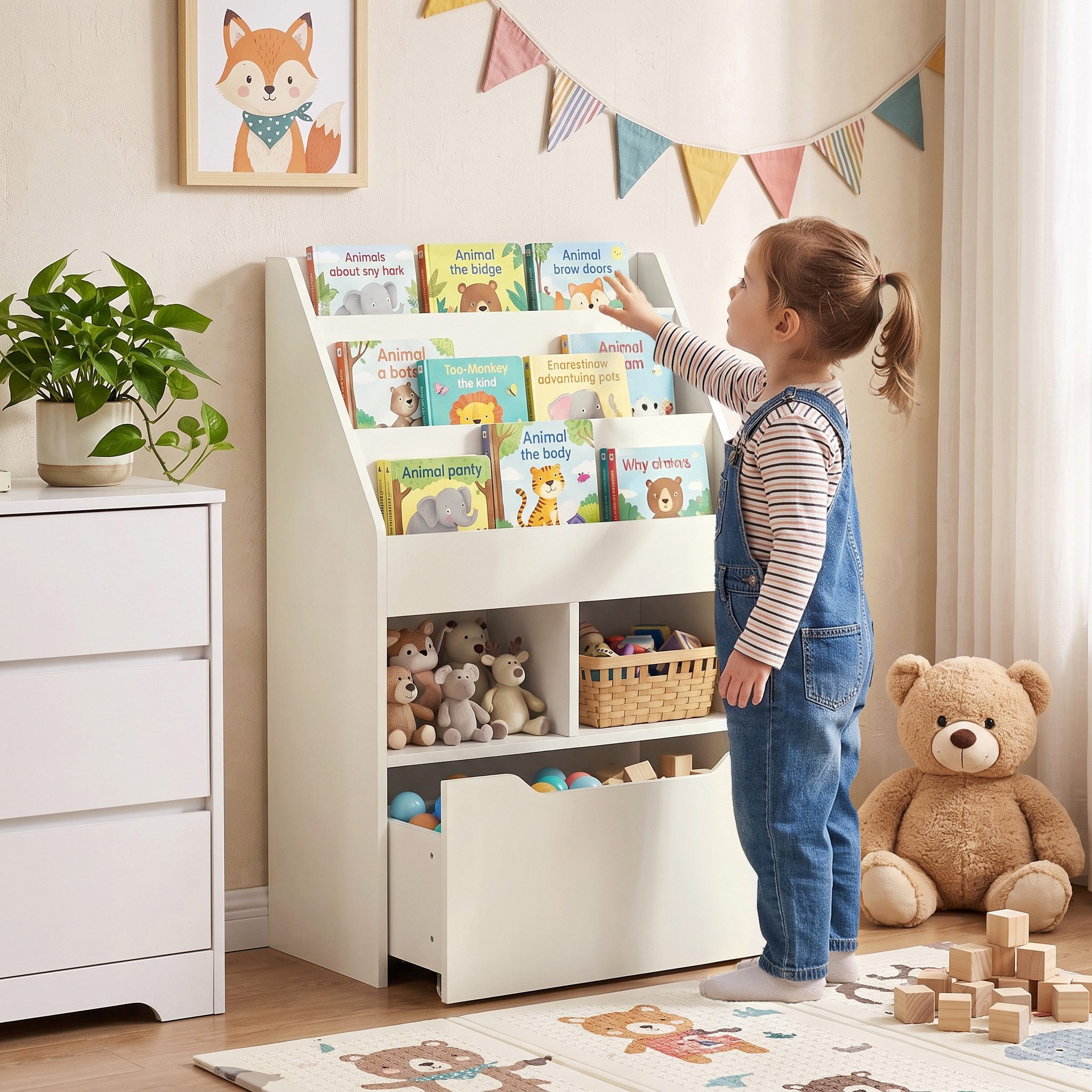 HOMCOM Kinderregal Kinder Bücherregal mit Schublade, 3 Ablagefächern, Aufbewahrungsregal 1-tlg., für Kinderzimmer, Spielzimmer, Weiß, 60 x 29,9 x 90 cm – Bild 2 von 5