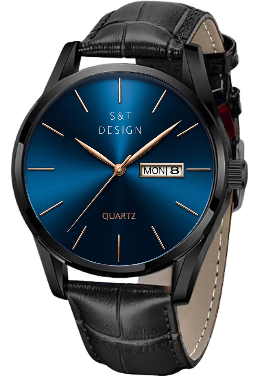 S&T Design Quarzuhr Herren Uhr Leder Armbanduhr Herrenuhr, (Packung, inkl. Uhrendose), Männer Uhr Schwarz Datum Wasserdicht 3Bar