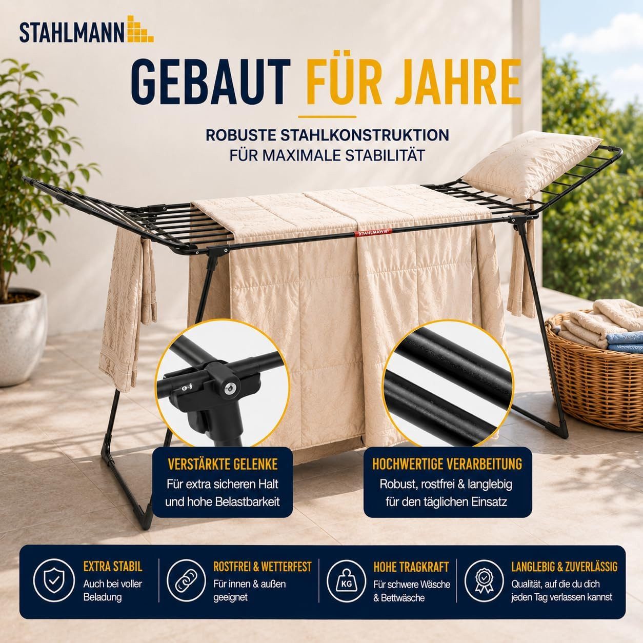 STAHLMANN COMMERCE GmbH Wäscheständer ausziehbar mit Flügeln, 30 m Trockenfläche, klappbar, schwarz, mit Rollen und Sockenhalter