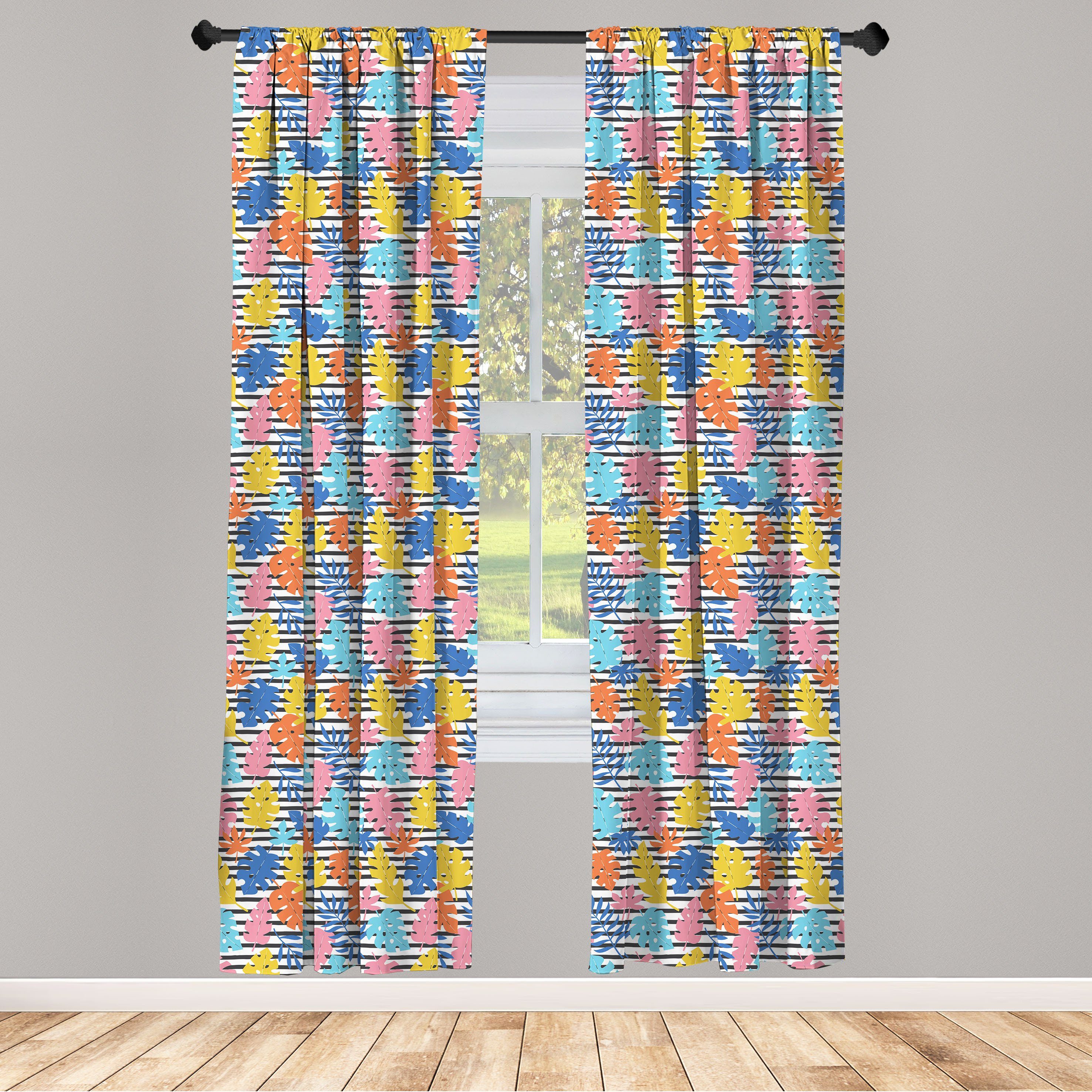 Gardine Vorhang für Wohnzimmer Schlafzimmer Dekor, Abakuhaus, Microfaser, Bunt Exotische Blätter Stripes