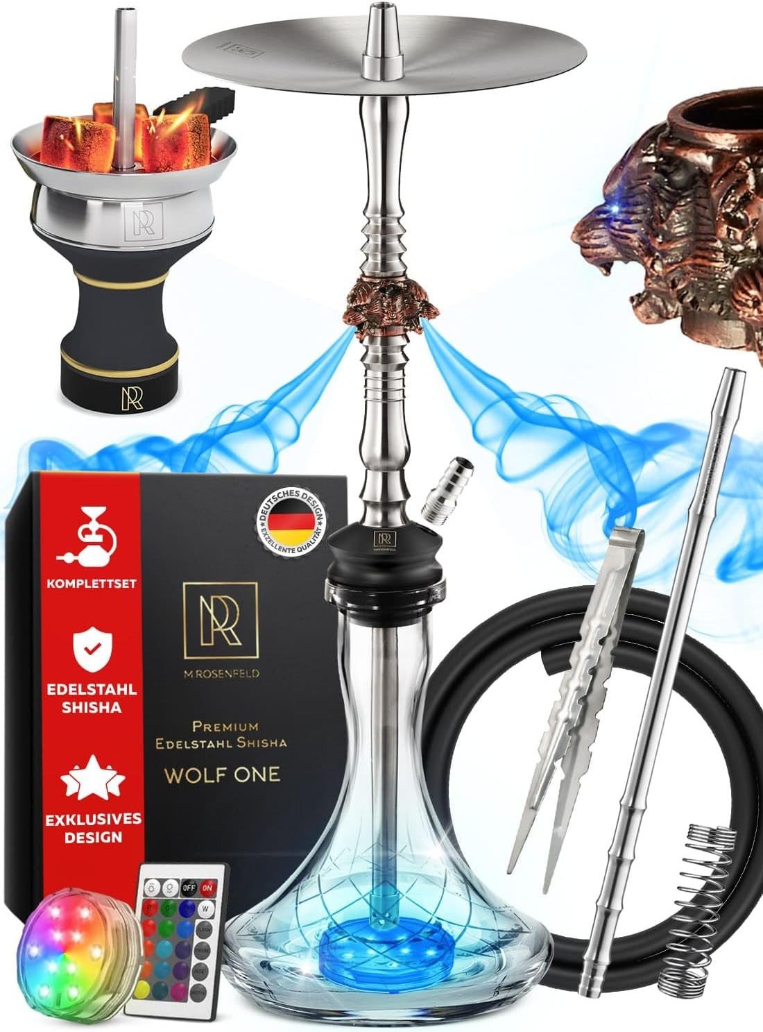 M. Rosenfeld Shisha-Kopf Shisha Set Komplett - Edelstahl mit Unikalem Air Flow, 3 edle Wolf Köpfe aus Kupfer - 85cm