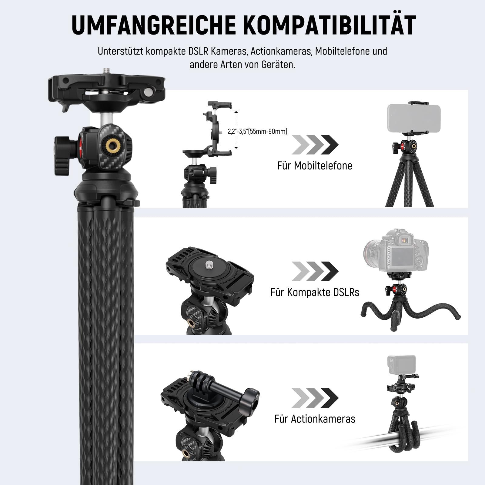 Neewer TP34 Flexibles Stativ mit Fernbedienung, Kamera Handy Stativ Stand Tischstativ (Selfie Stick mit Handy Halter & Action Kamera Adapter für GoPro) – Bild 5 von 5
