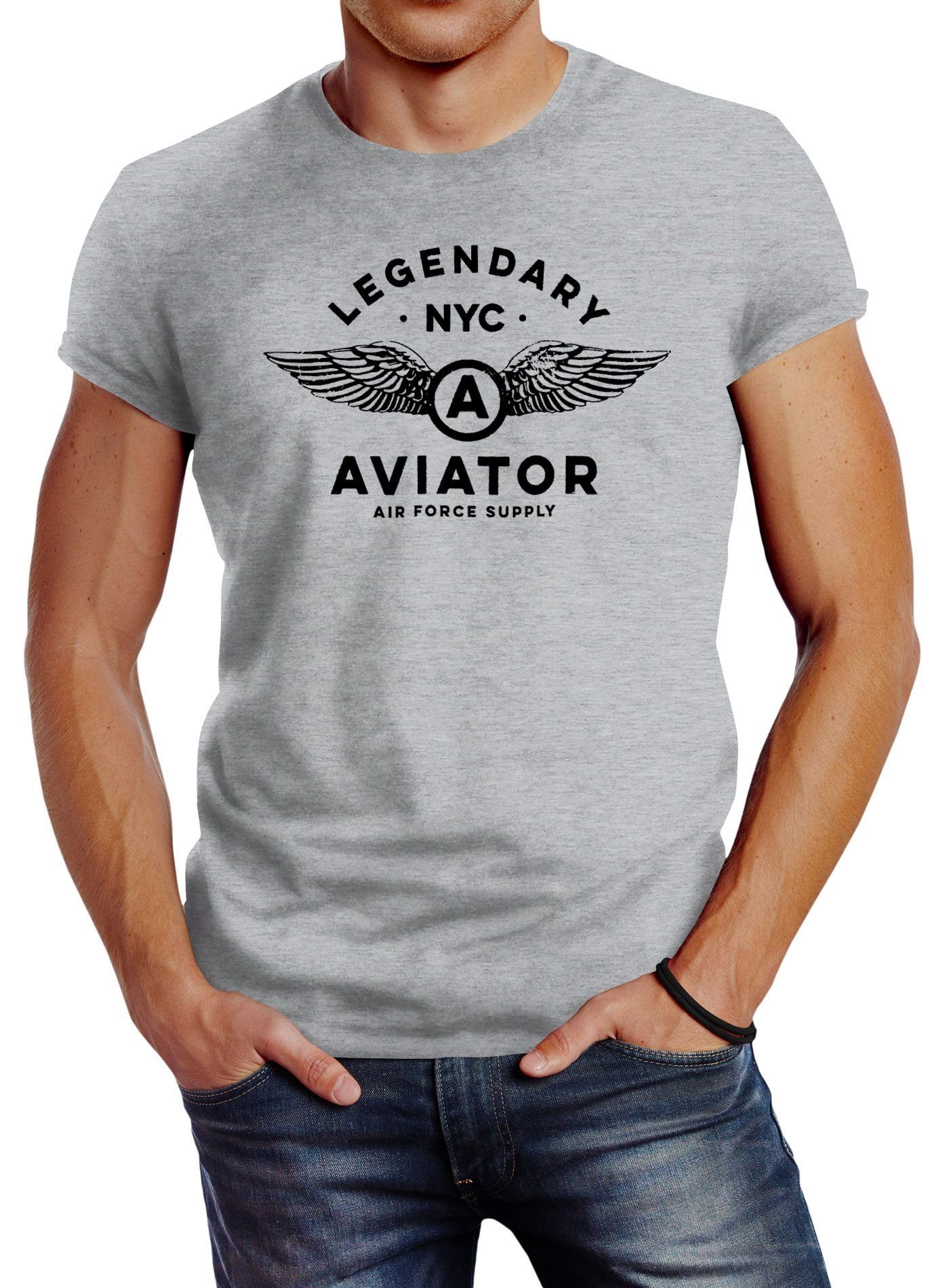 Neverless Print-Shirt Herren T-Shirt Legendary NYC Aviator Air Force Luftwaffe Flügel Fashion Streetstyle Neverless® mit Print grau