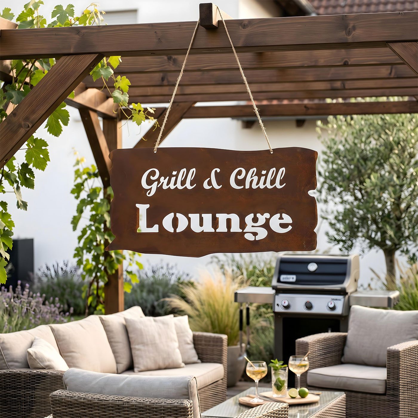 Levandeo® Metallschild Rostschild Grill Lounge Gartenbild Eisen Wandbild Deko Terrasse Balkon – Bild 4 von 5