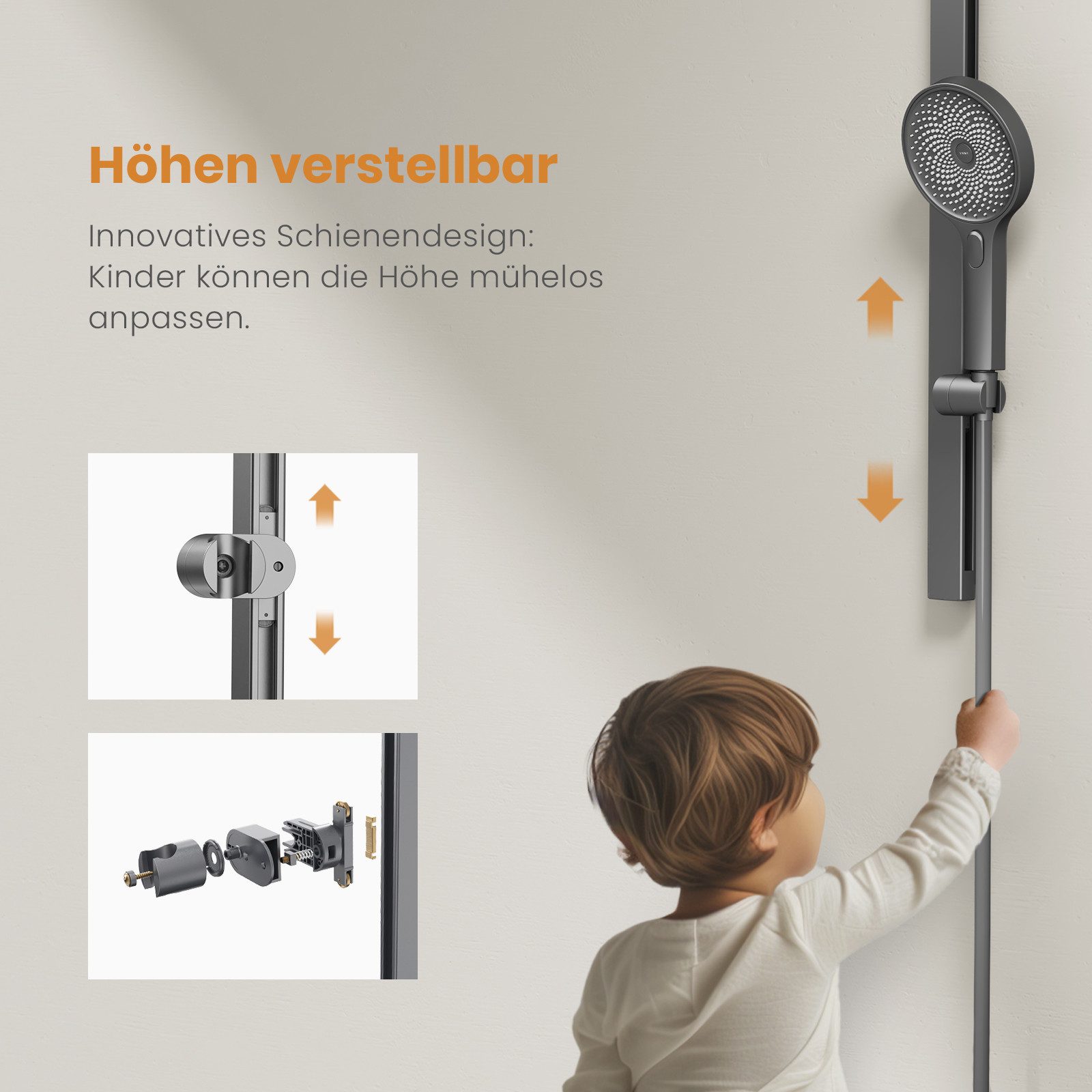 EMKE Duschsystem Set,mit separatem 38° Thermostat, Duschkopf, Schlauch und Halterung, 3 Strahlart(en), Brauseschlauch mit Verdrehschutz, 3F-Funktion (Regenstrahl,Strahlwasser, Mix),ABS-Gehäuse,1.5 m Schlauch