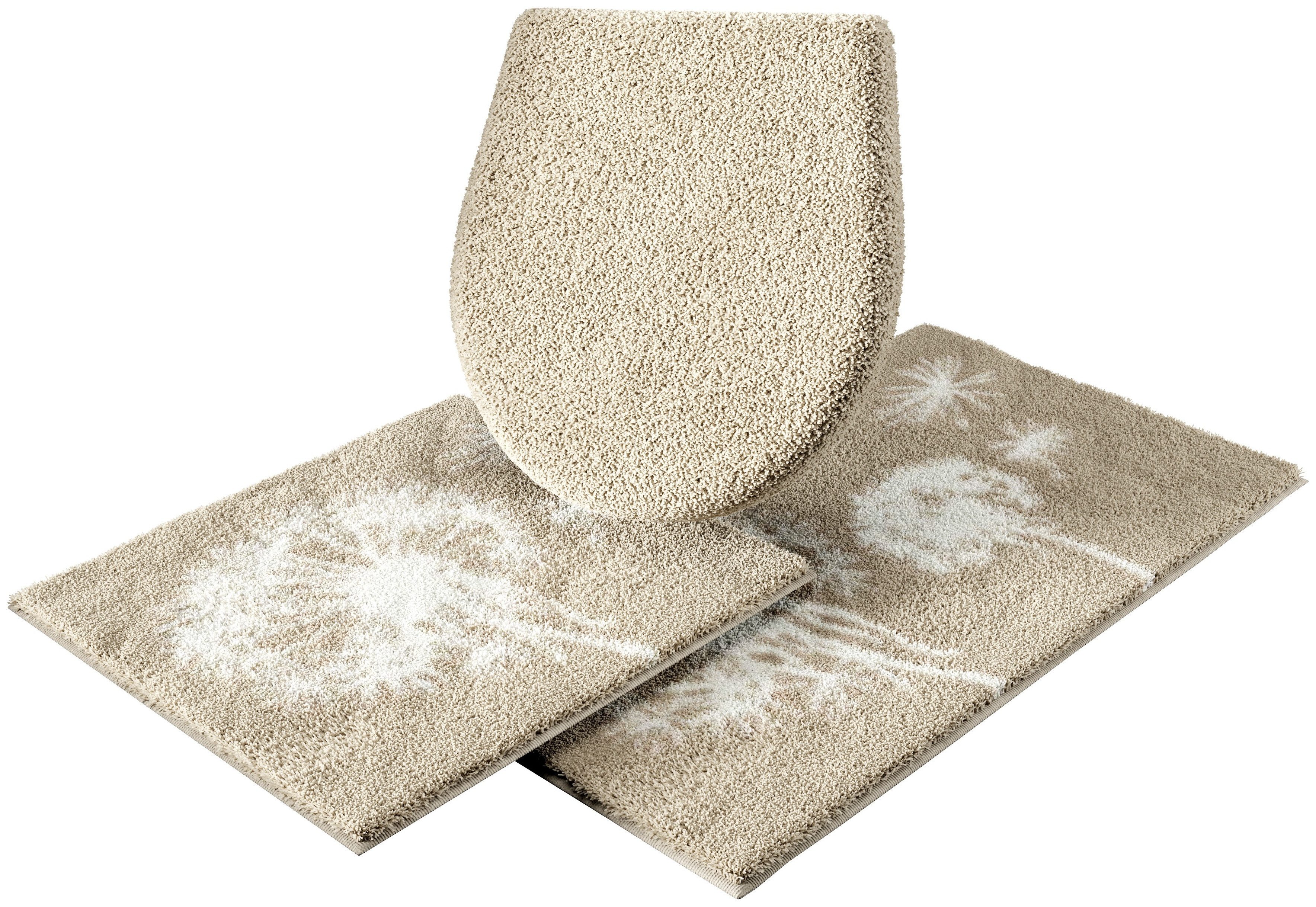 Grund Badematte Pusteblume, Badvorleger, Badezimmer Teppich, sehr weich, Höhe 20 mm, rutschhemmend beschichtet, fußbodenheizungsgeeignet, schnell trocknend, Polyacryl, 2-tlg. Hänge-WC Set, weiche Haptik, auch als 2-teiliges Set erhältlich, Made in Europe