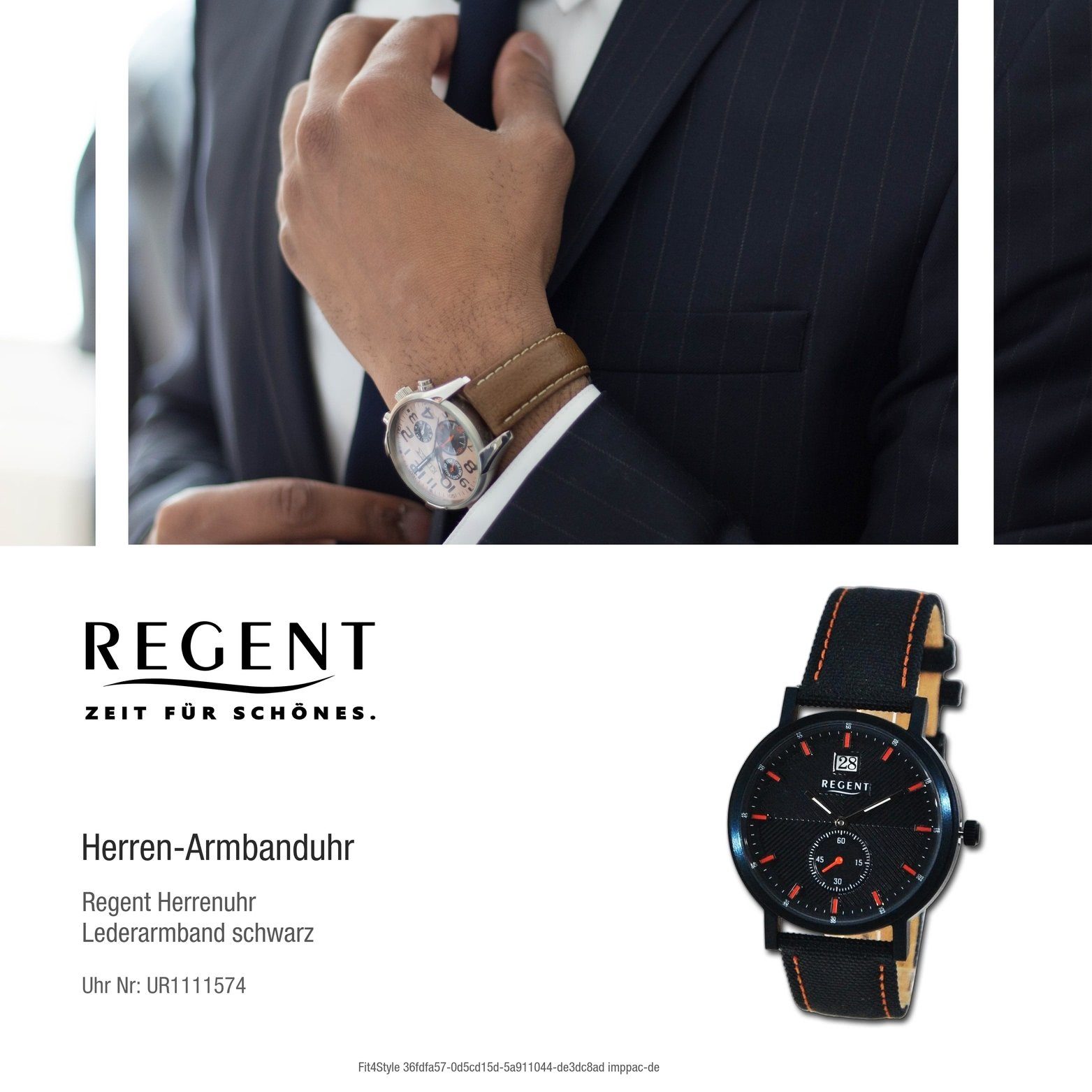 Regent Quarzuhr Regent Herren Armbanduhr Lederarmband Analog, orange, rundes Herrenuhr (ca 37mm) schwarz, Gehäuse, groß