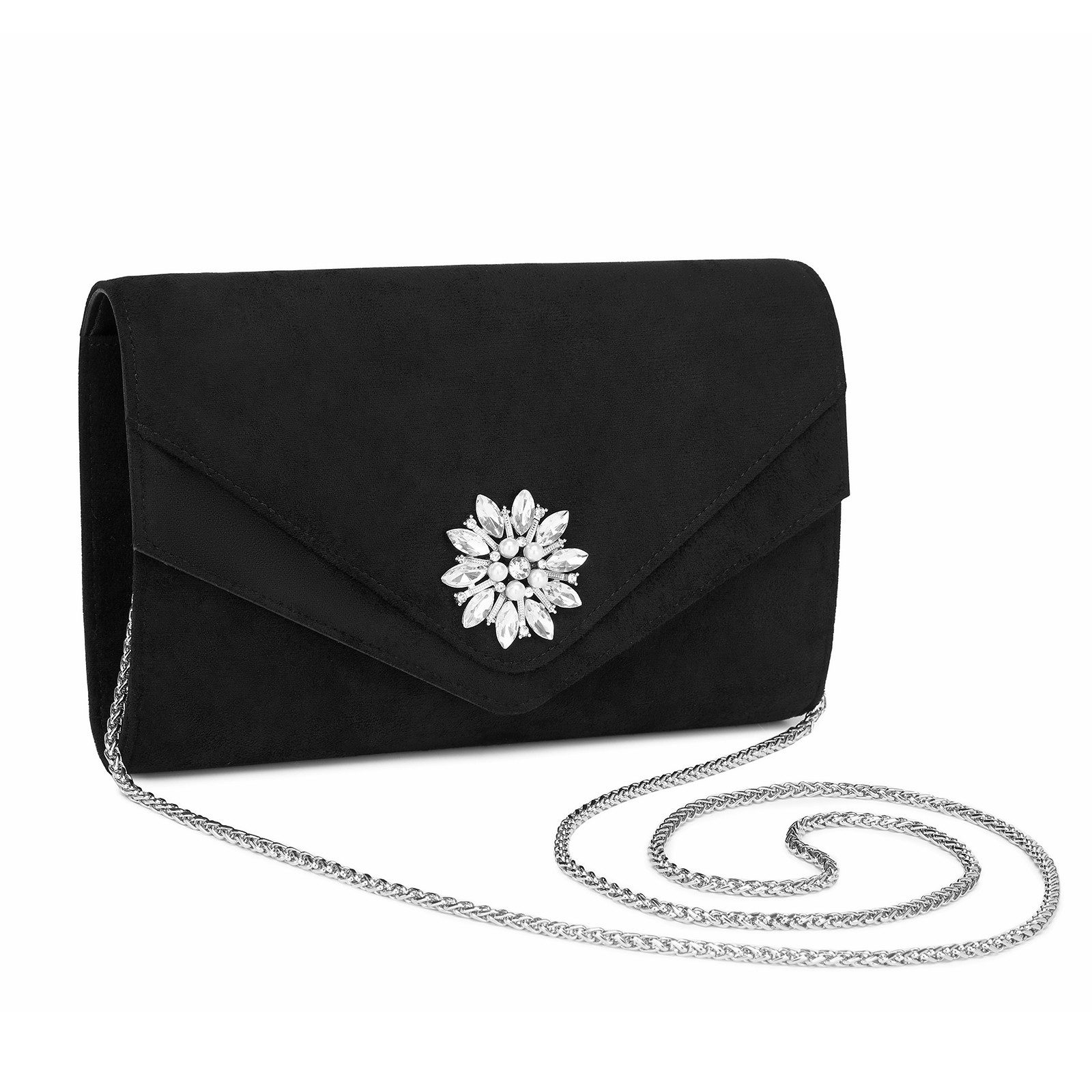 Clutch Damen, Elegante Abendtasche mit Diamantbesatz & Kette