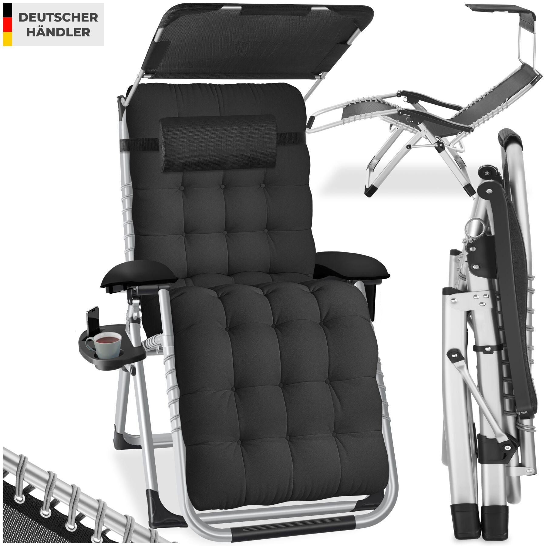 tectake Gartenstuhl Sonnenliege, klappbar, rutschfest, inkl. Ablagetisch und Stautasche (Terrassenstuhl Cloud II für Außen in Schwarz, 1 St), Belastbarkeit 200 kg, Sitz-, Arm- und Kopfpolster, mit Sonnendach