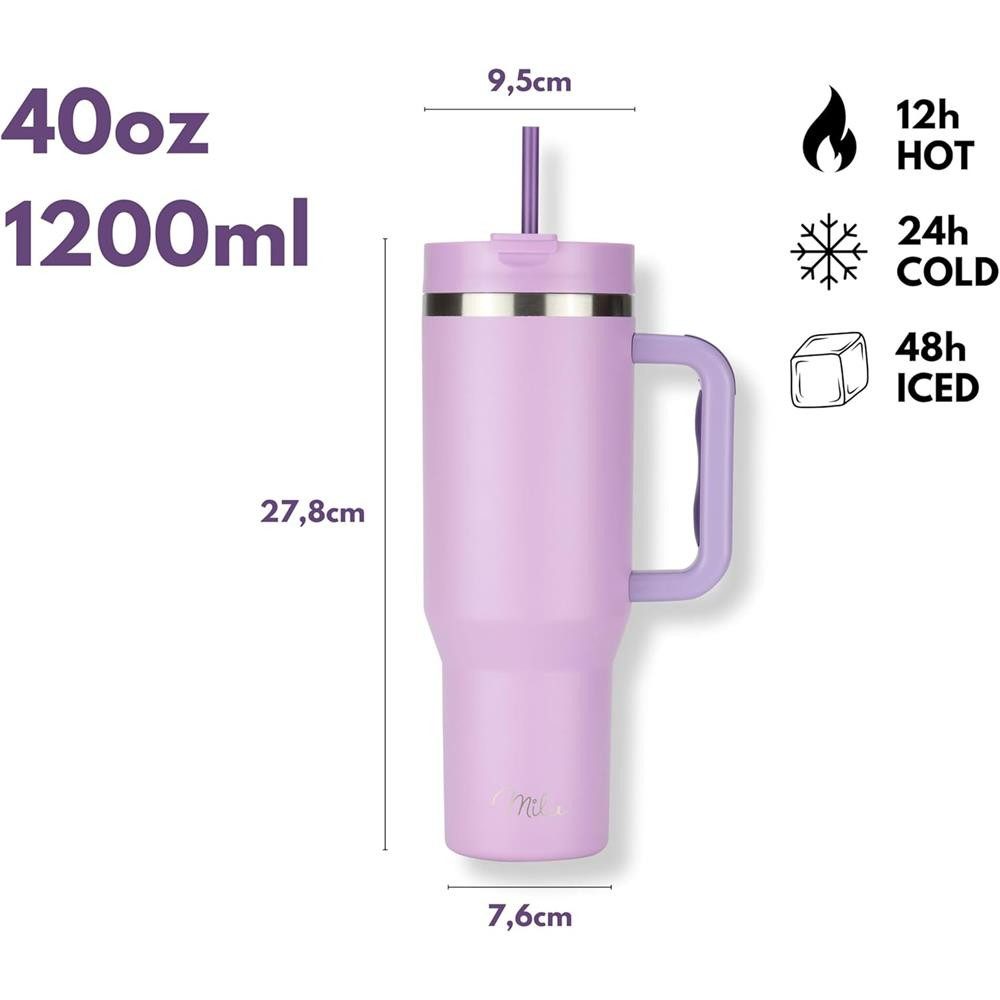 Milu Thermobecher Edelstahl Tumbler To Go 1200 ml, mit Strohhalm und Henkel