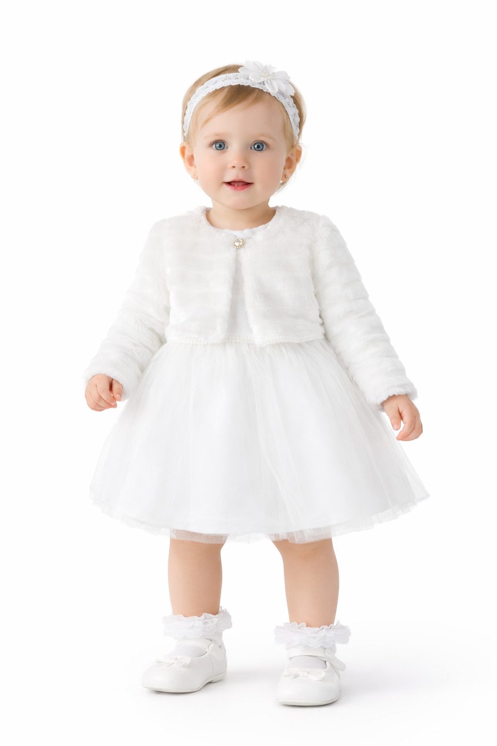 Lorey Medtec Taufkleid Prinzessin Kleid mit Jacke, Party Kleid, Spitze, 100% Baumwolle, Weiß (Kleid + Jacke) Spitze, Tüll