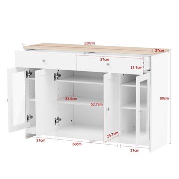 Ulife Sideboard Weiß Küchenschrank mit 4 Türenmit Glas,2 Schubladen, 120x37x80 cm