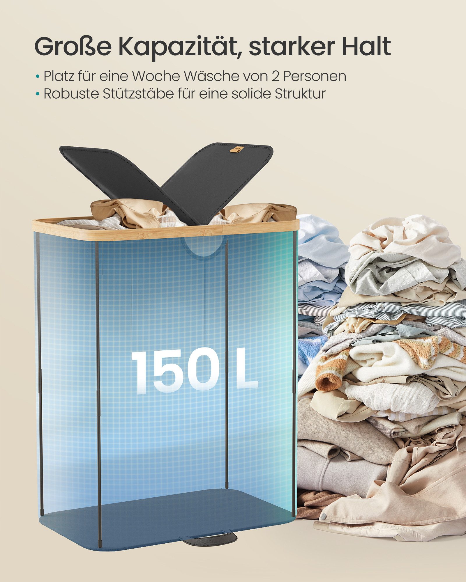 SONGMICS Wäschekorb, 2 Fächer,150 Liter,Deckel,herausnehmbarer Wäschesack,schwarz-beige