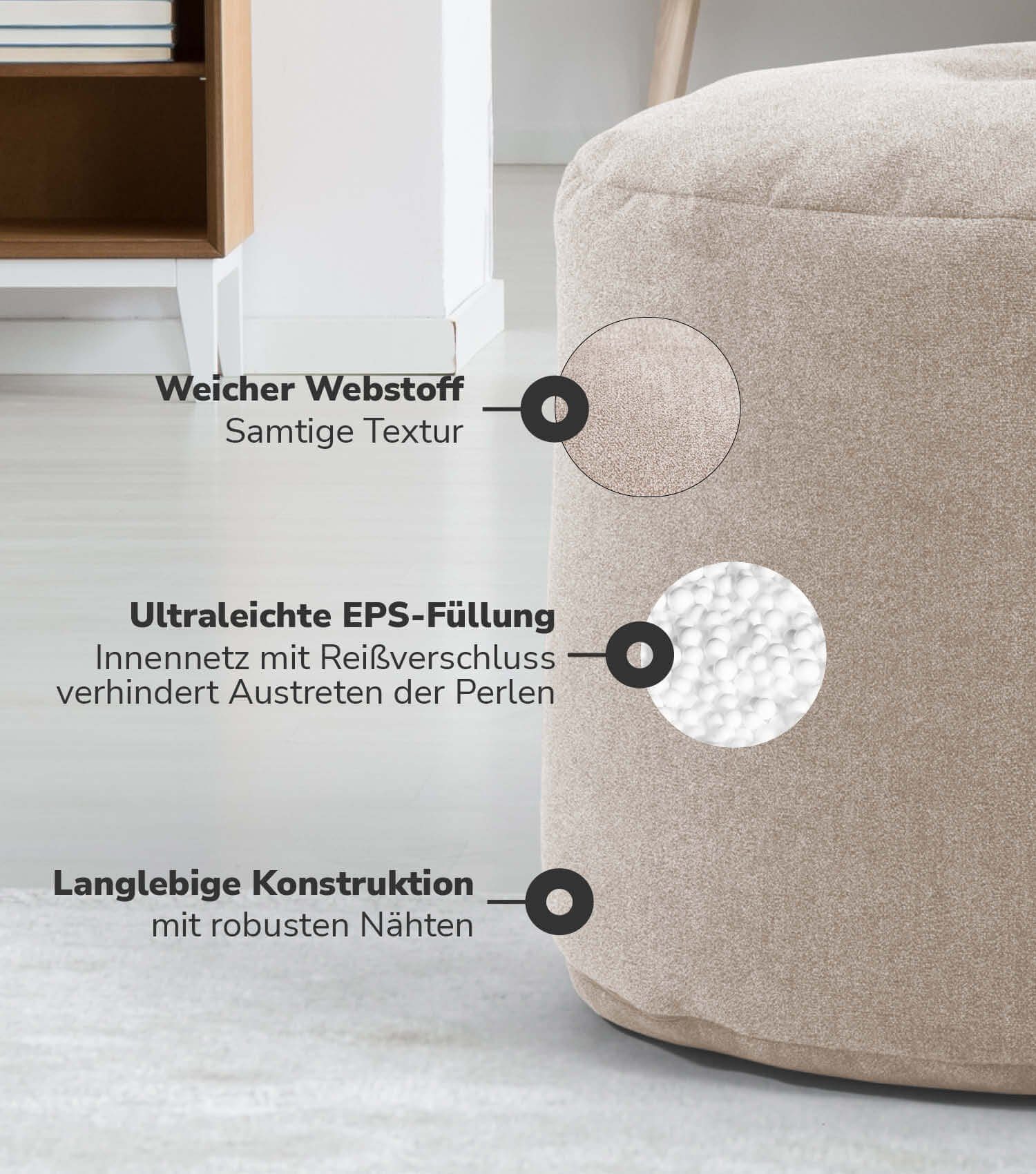 mokebo Pouf Der Ruhepouf (rund und aus Webstoff), Made in Germany, Sitzhocker, Bodenkissen, Fußhocker in Beige – Bild 5 von 5