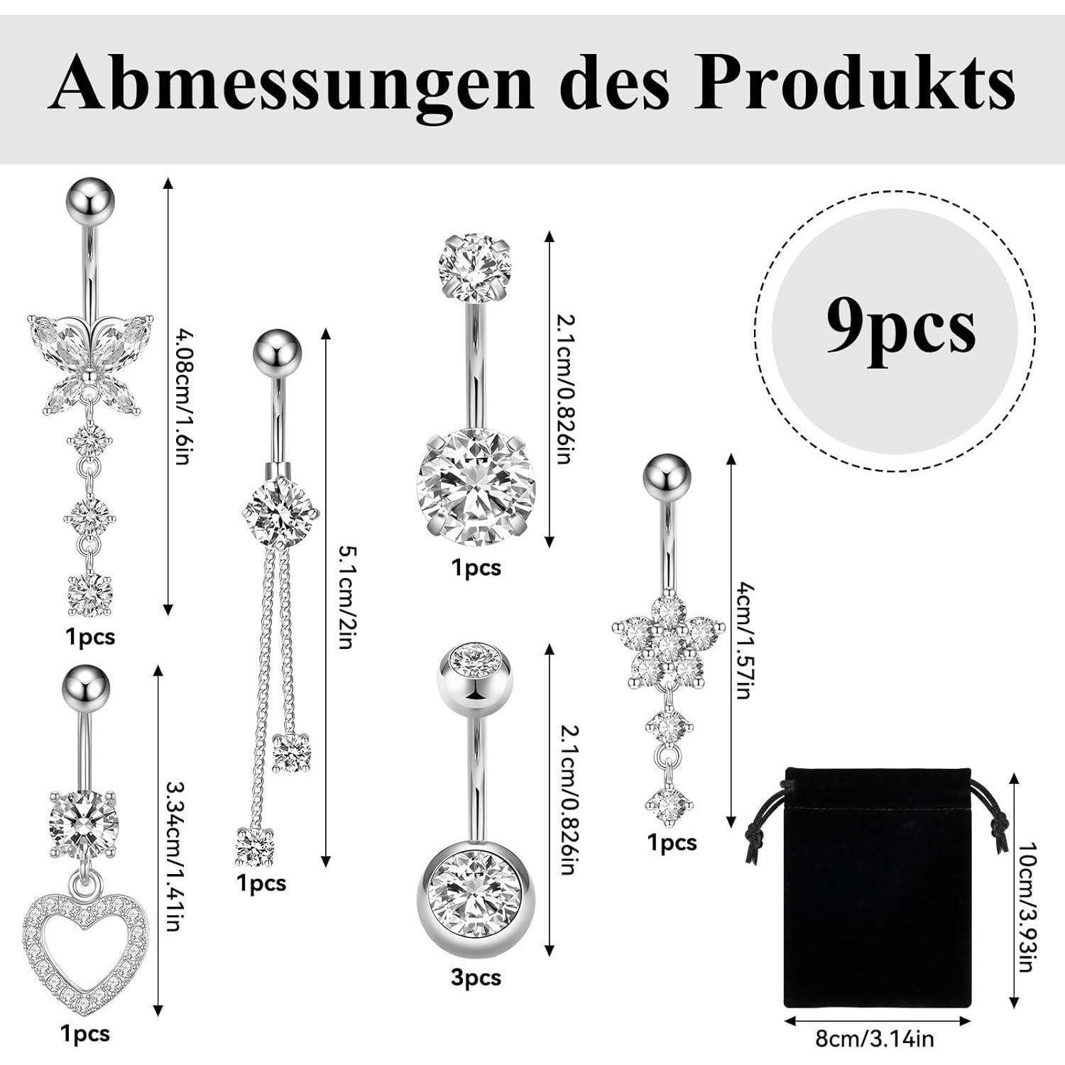 Leikedun Bauchnabelpiercing-Set 8PCS Bauchnabelpiercing 14G Edelstahl Silber Zirkonias Schmetterling