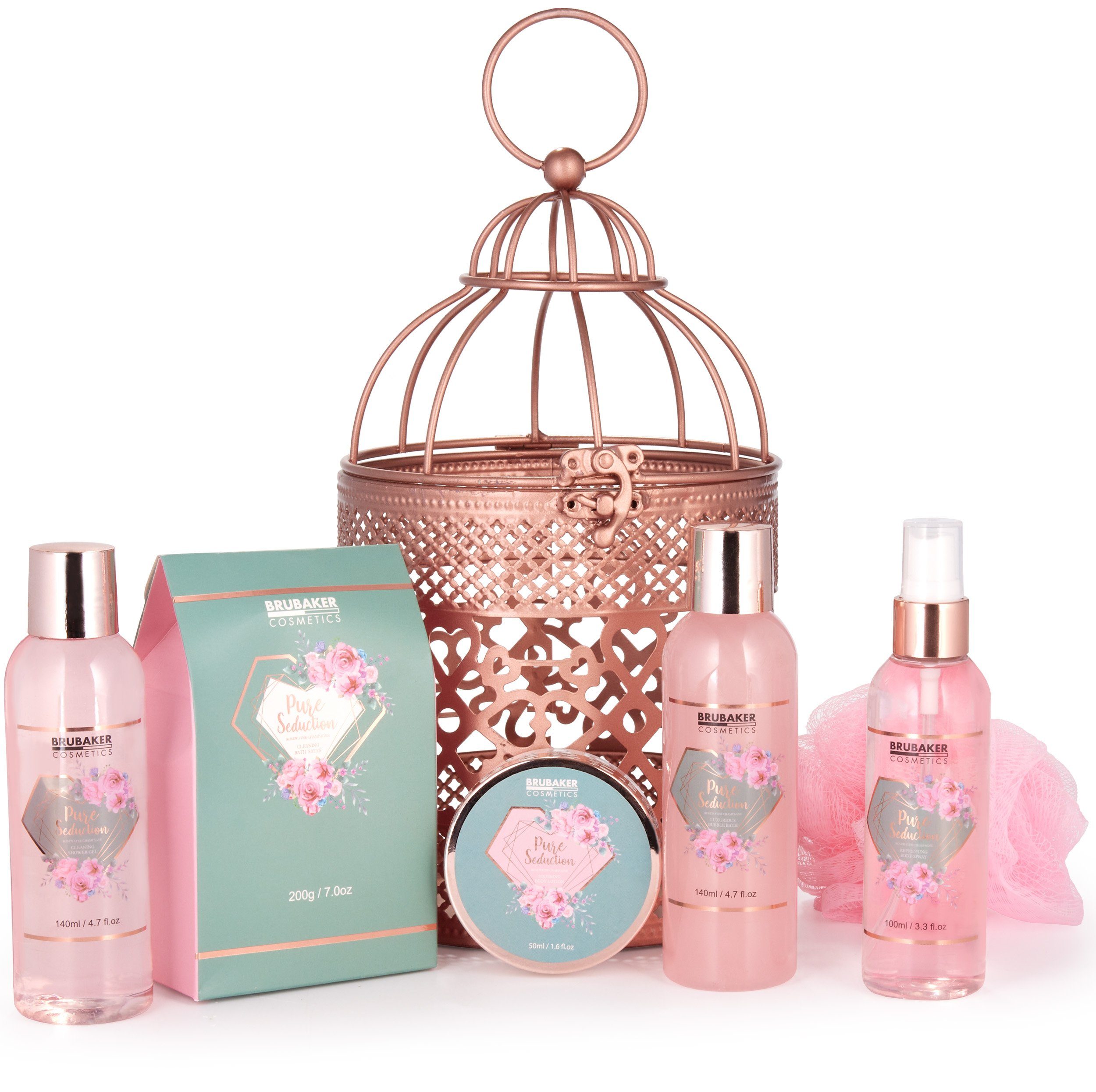 BRUBAKER Pflege-Geschenkset Bade- und Dusch Set - Frauen Wellness Beauty Pflegeset, 7-tlg., Geschenkset in Windlicht mit Rosenwasser & Champagner Duft, Badeset
