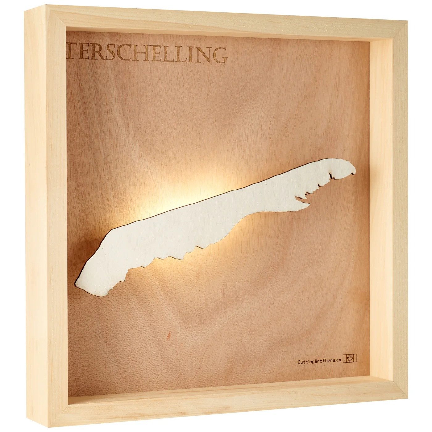 Cutting Brothers LED-Bild Terschelling 35x35 cm, LED-Holz-Wandkarte, mit indirekter Beleuchtung, handgefertigt aus Echtholz