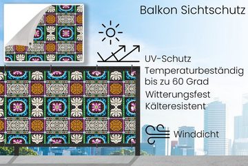 MuchoWow Balkonsichtschutz Muster - Ornament - Abstrakt - Blau - Rosa (1-St) Balkonbanner, Sichtschutz für den Balkon, Robustes und wetterfest