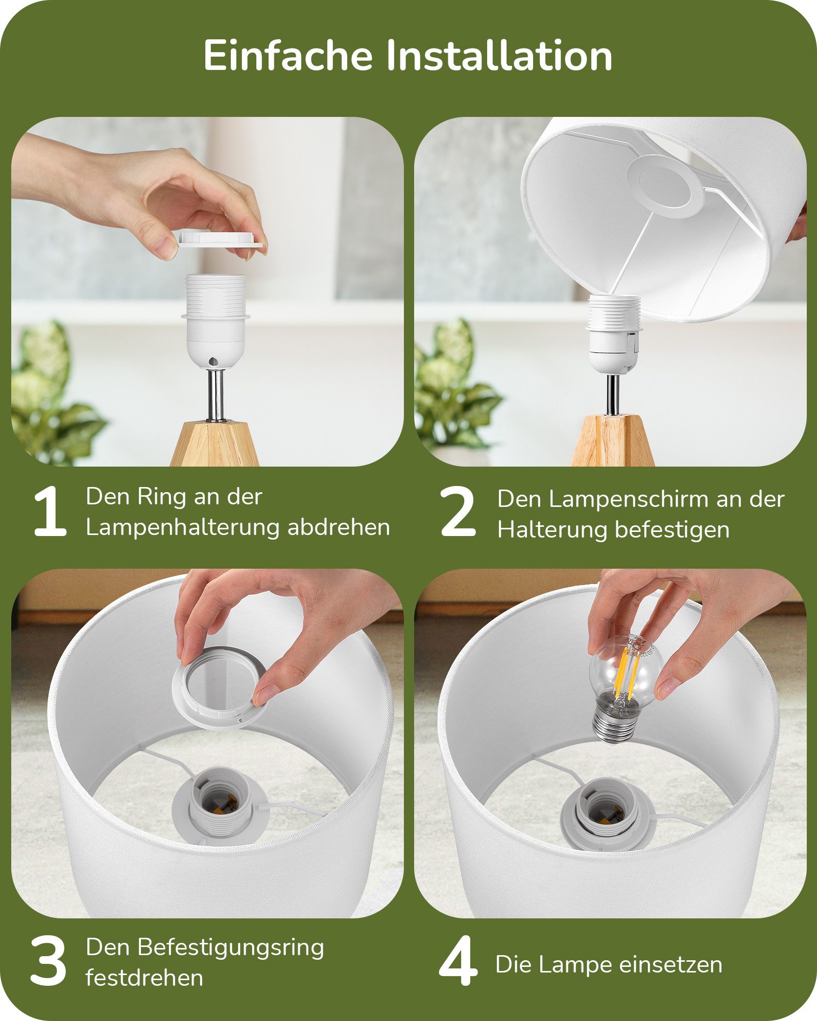EDISHINE Nachttischlampe Vintage Tischlampe Holz mit Stoffschirm, inkl. Leuchtmittel, LED wechselbar, Warmweiß, Lampenschirm aus Leinen, für Deko, Schlafzimmer, – Bild 4 von 5