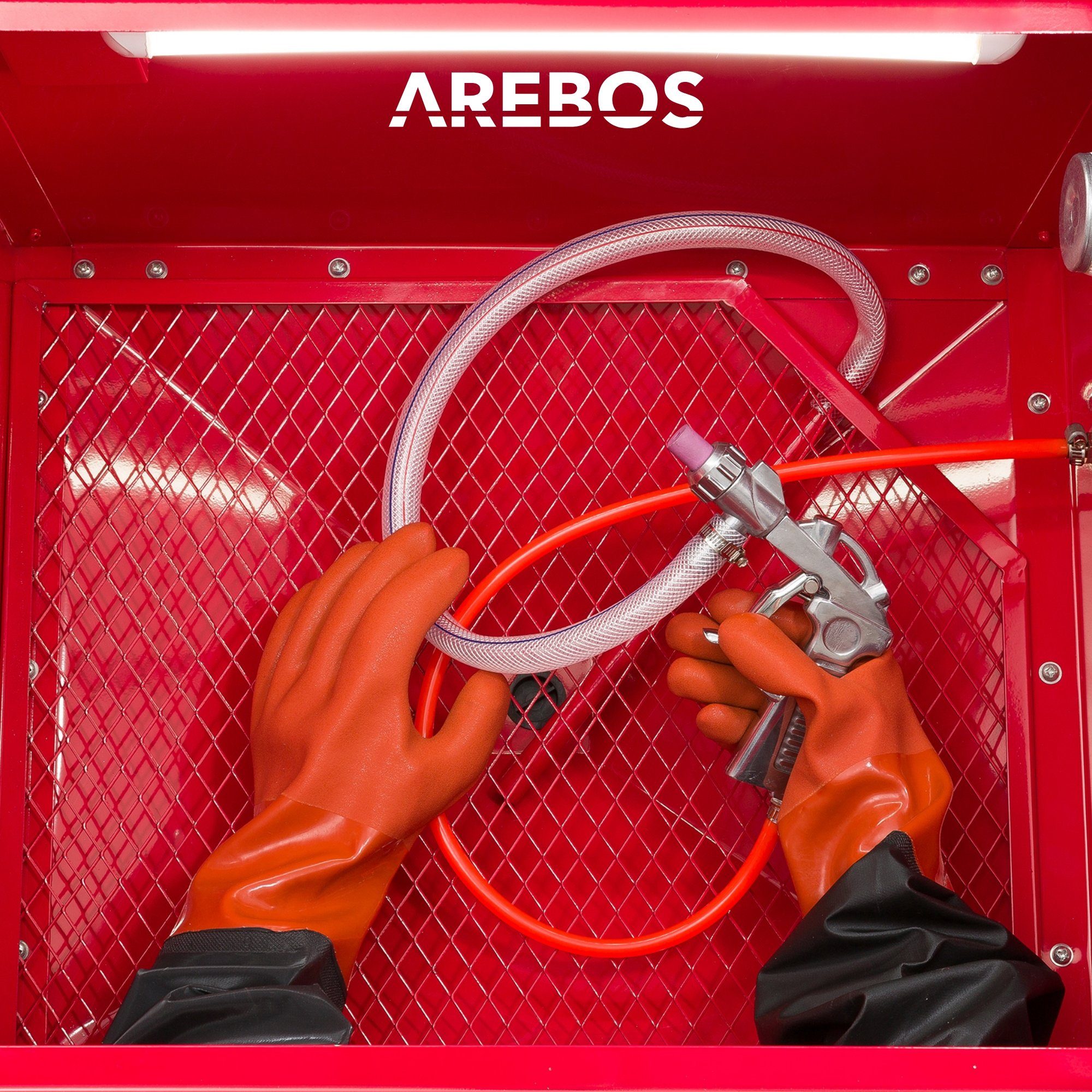 Arebos Sandstrahlkabine 90 Liter, inkl. Strahlpistole, Sichtfenster + 5 Ersatzfolien, 90,00 l, max. 8 bar, Set