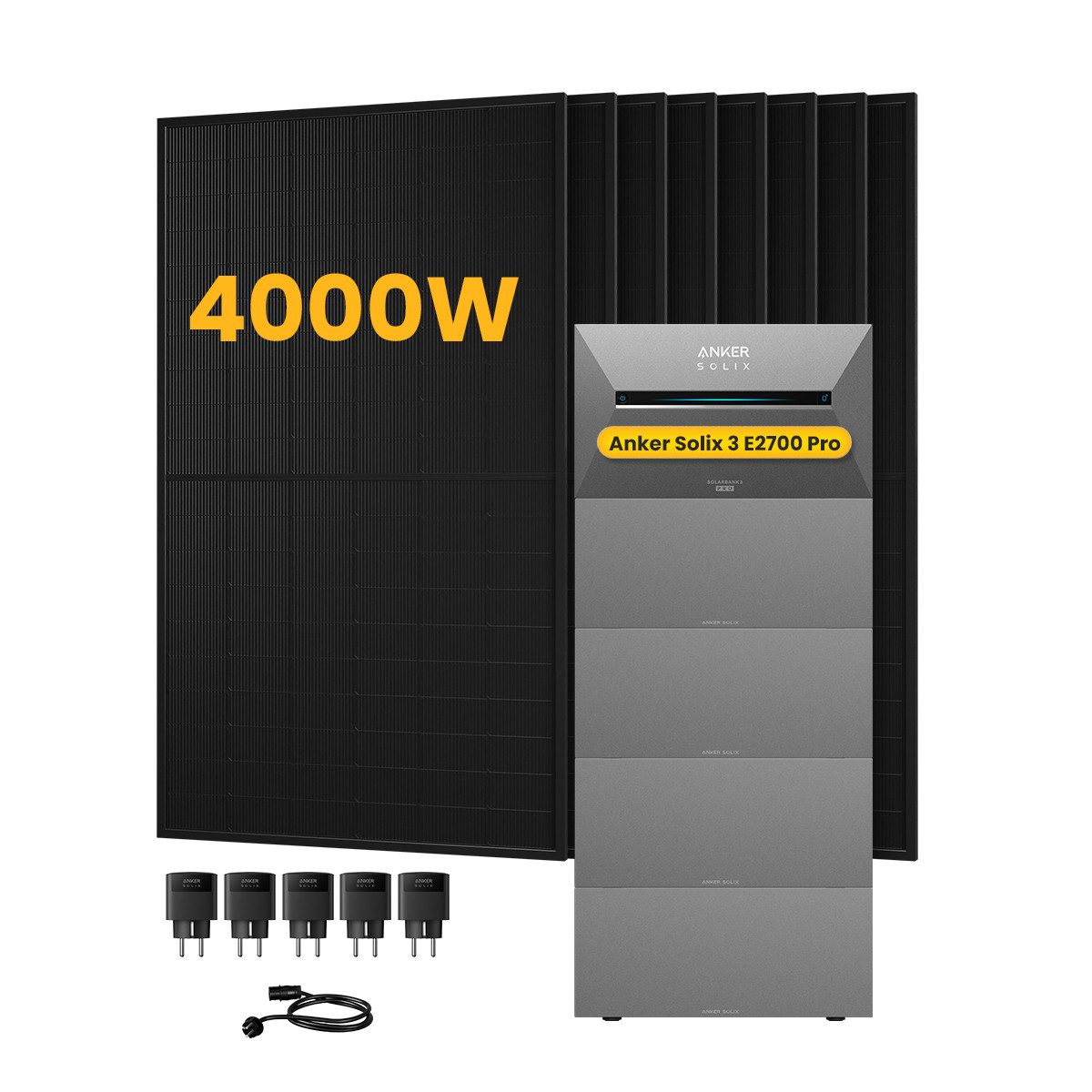 Anker Balkonkraftwerk 4000W Anker SOLIX Solarbank 3 E2700 Pro mit Zusatzsakku und Smart Plug, (5xSmart Plug und 8x 500Wp Solarmodule im Lieferumfang enthalten), Speicher mit integriertem Wechselrichter, All-in-One 2,668kWh Akku