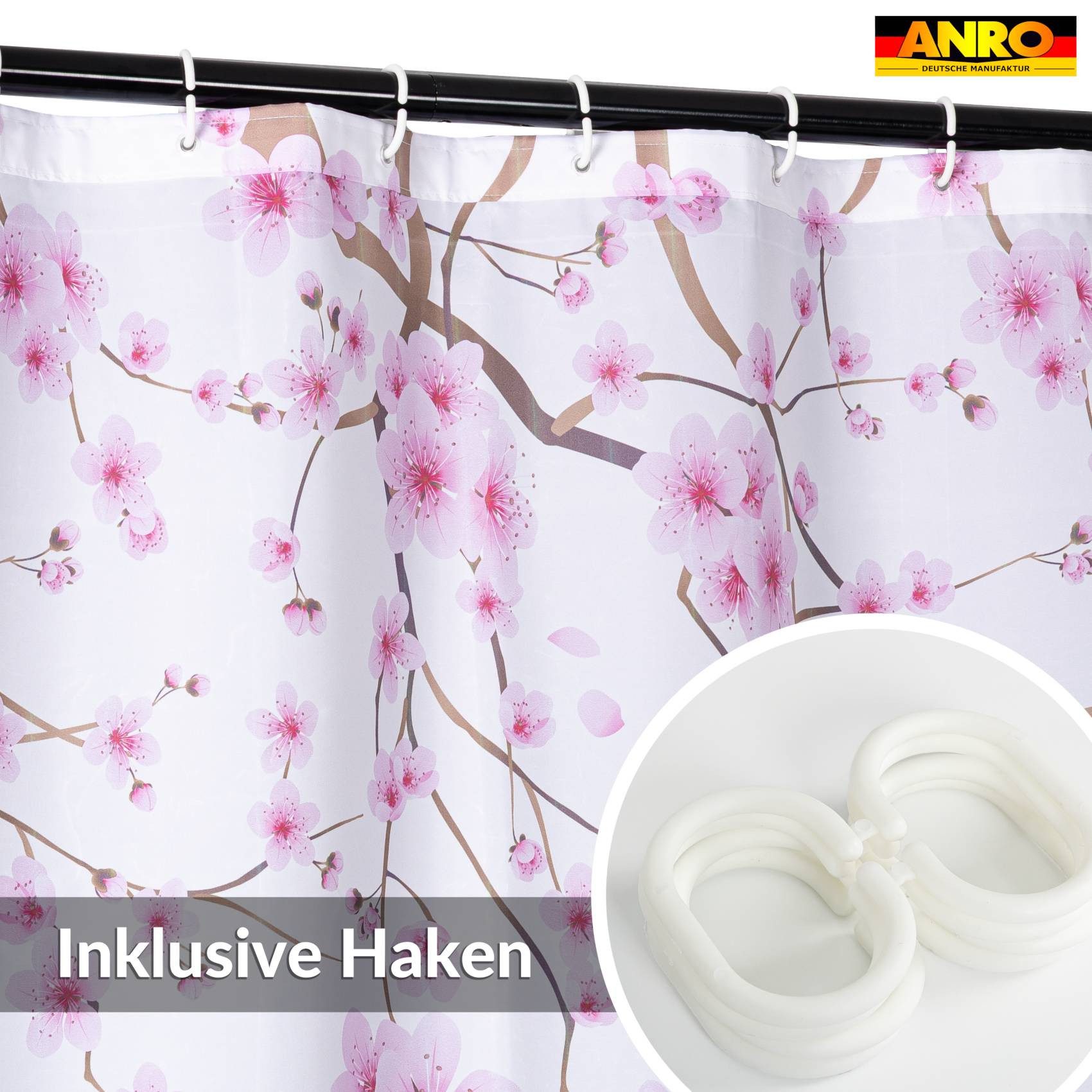 ANRO Duschvorhang FASTY Sakura Anti-Schimmel Polyester Badezimmervorhang Bad-Stoff Breite 120 cm (Packung, 1-tlg., Duschvorhang inkl. Aufhängeringe), robuster Vorhang Stangenaufhängung 120x200cm Japanisches Floral Rosa