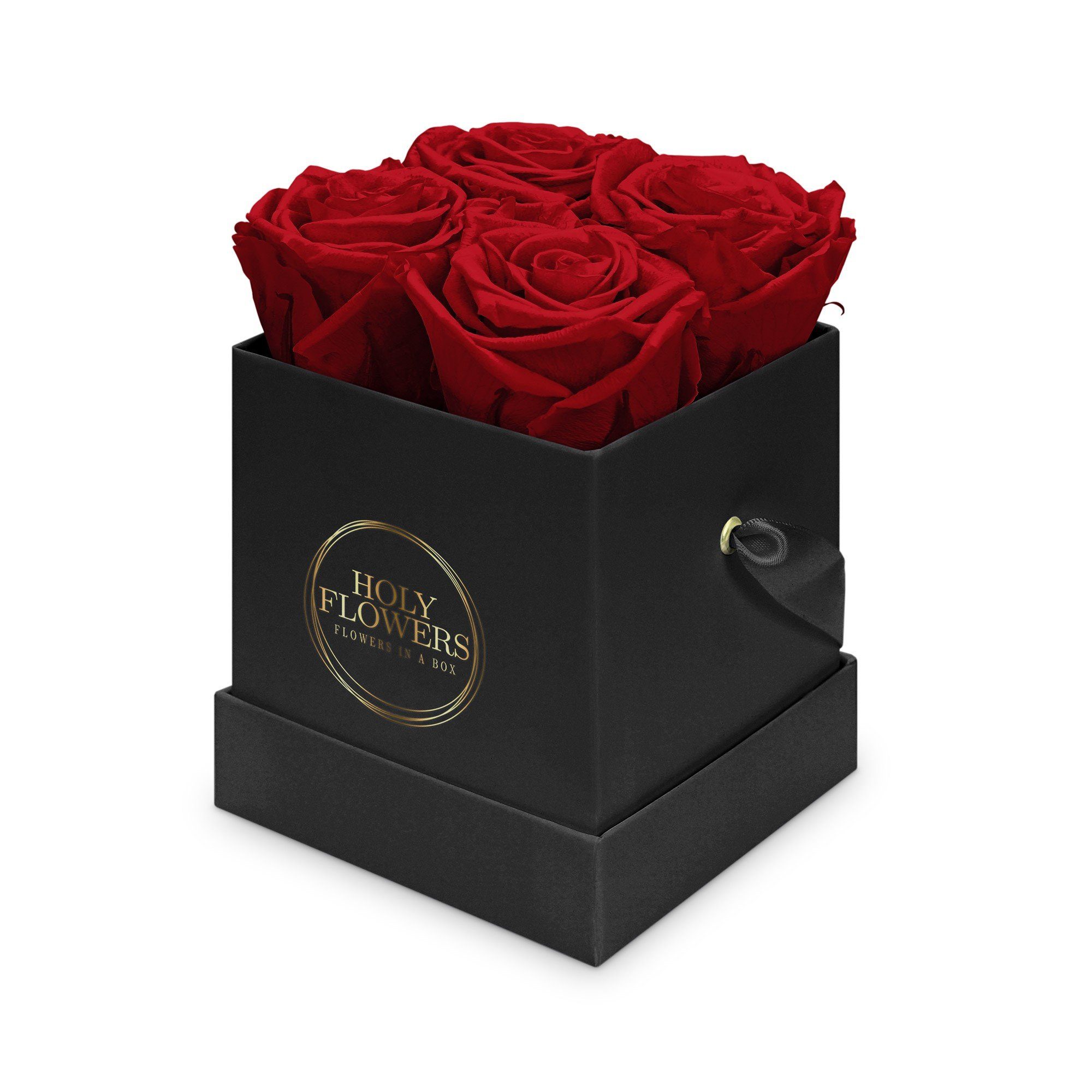 Kunstblume Eckige Rosenbox in schwarz mit 4 Infinity Rosen I 3 Jahre haltbar I Echte, duftende konservierte Blumen I by Raul Richter Infinity Rose, Holy Flowers, Höhe 11 cm Heritage Red
