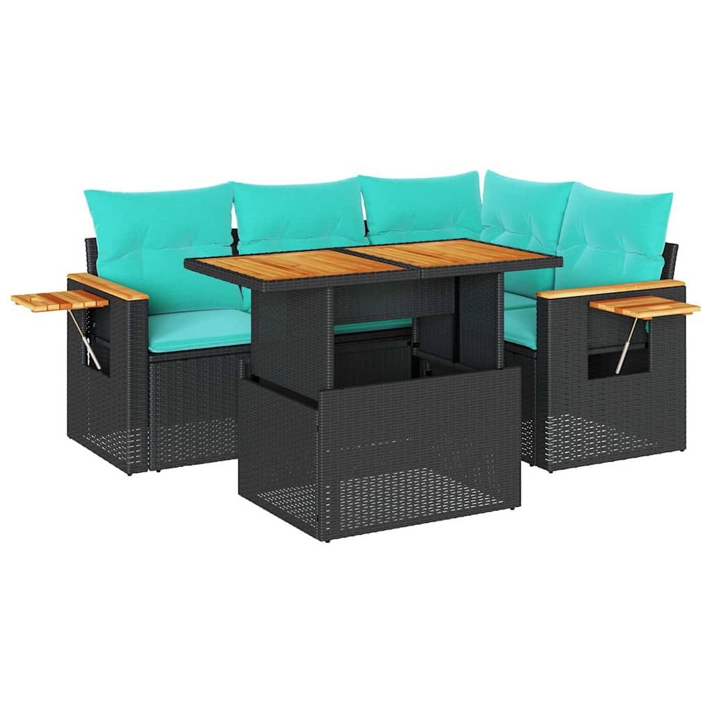 vidaXL Gartenlounge-Set 5tlg. Garten-Sofagarnitur mit Kissen Schwarz Poly Rattan, (1-tlg)