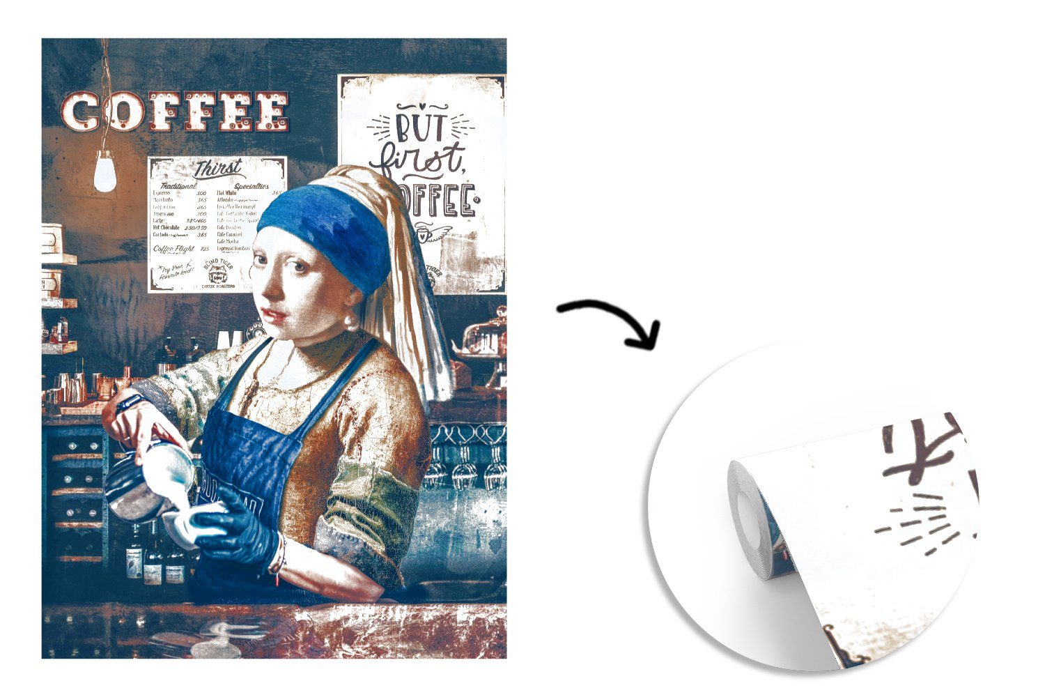 MuchoWow Fototapete Cappuccino machen Perlenohrring Matt, - für bedruckt, Vinyl mit Mädchen Wohnzimmer, - - Wandtapete Montagefertig Kaffee -, Barista St), Tapete (4