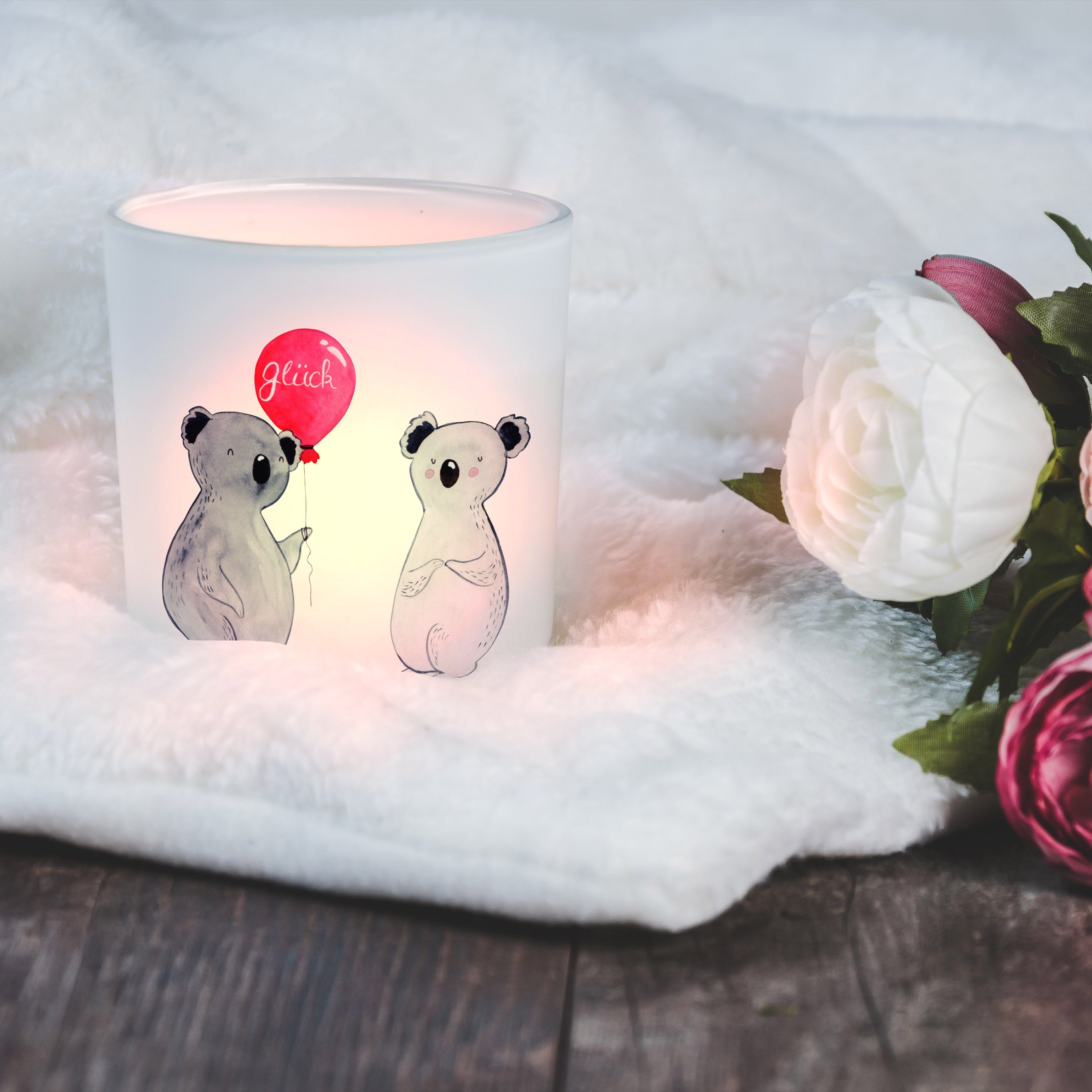 Mr. - Windlicht - Teelichtgl Windlicht Panda Mrs. (1 Luftballon Geschenk, & Transparent St) Koala Glas,