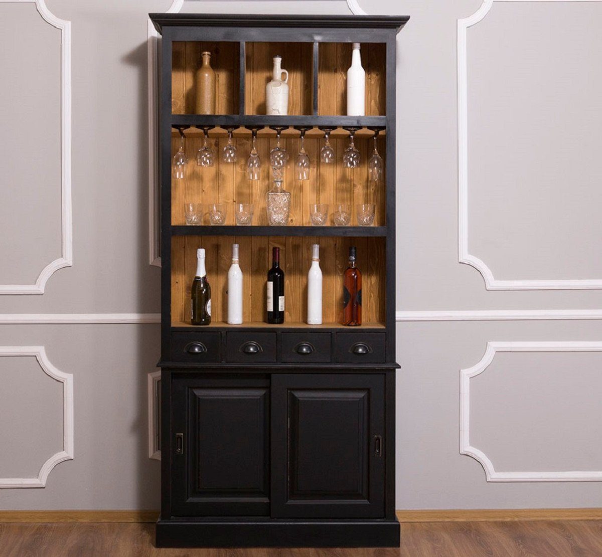 Weinschrank Landhausstil Weinschrank Schwarz / Naturfarben 103 x 36 x H. 210 cm - Barschrank im Landhausstil