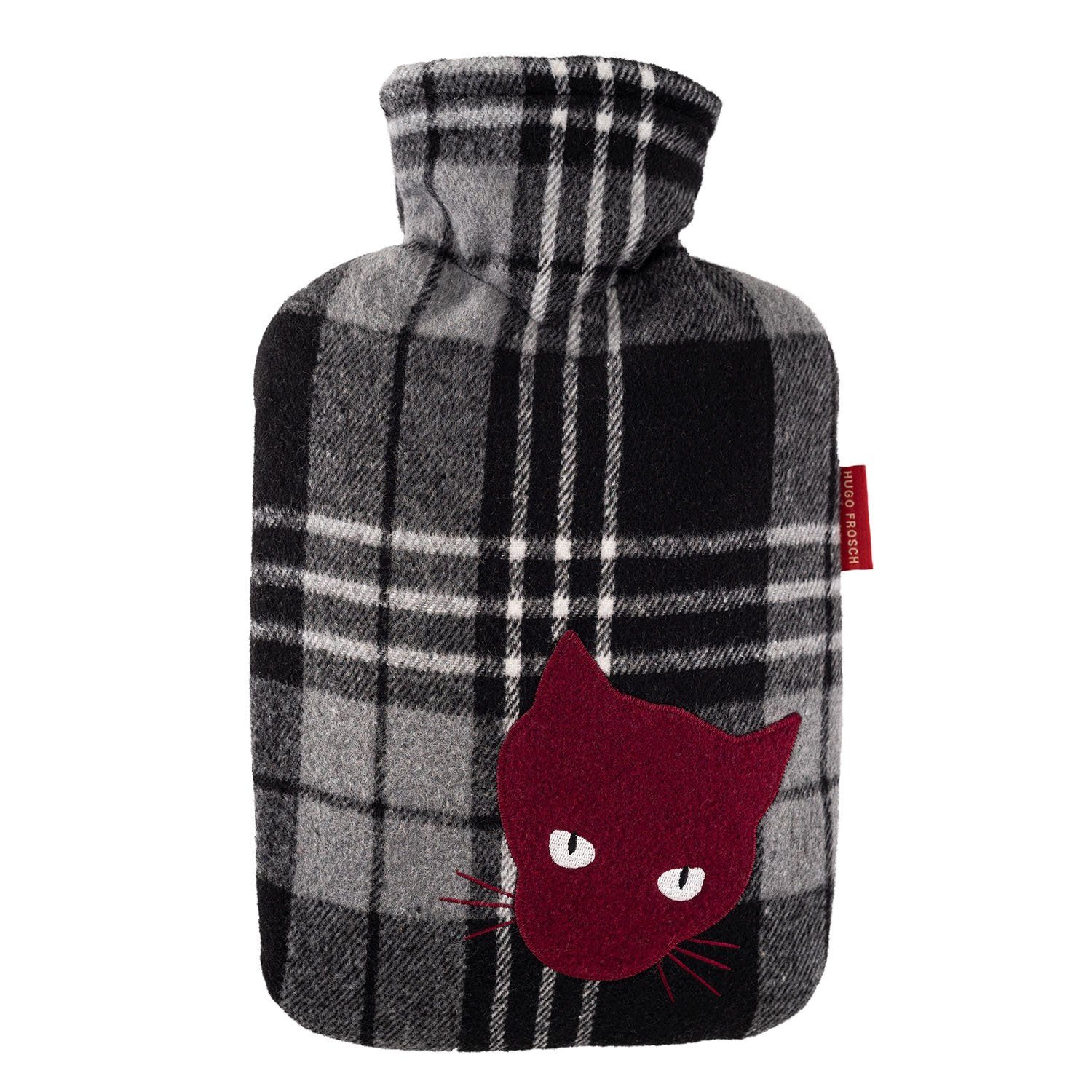Hugo Frosch Wärmflasche Klassik 1,8 l mit Fleecebezug & Stick-Applikation, Flanell Katze - langlebige Bettflasche, waschbarer Überzug