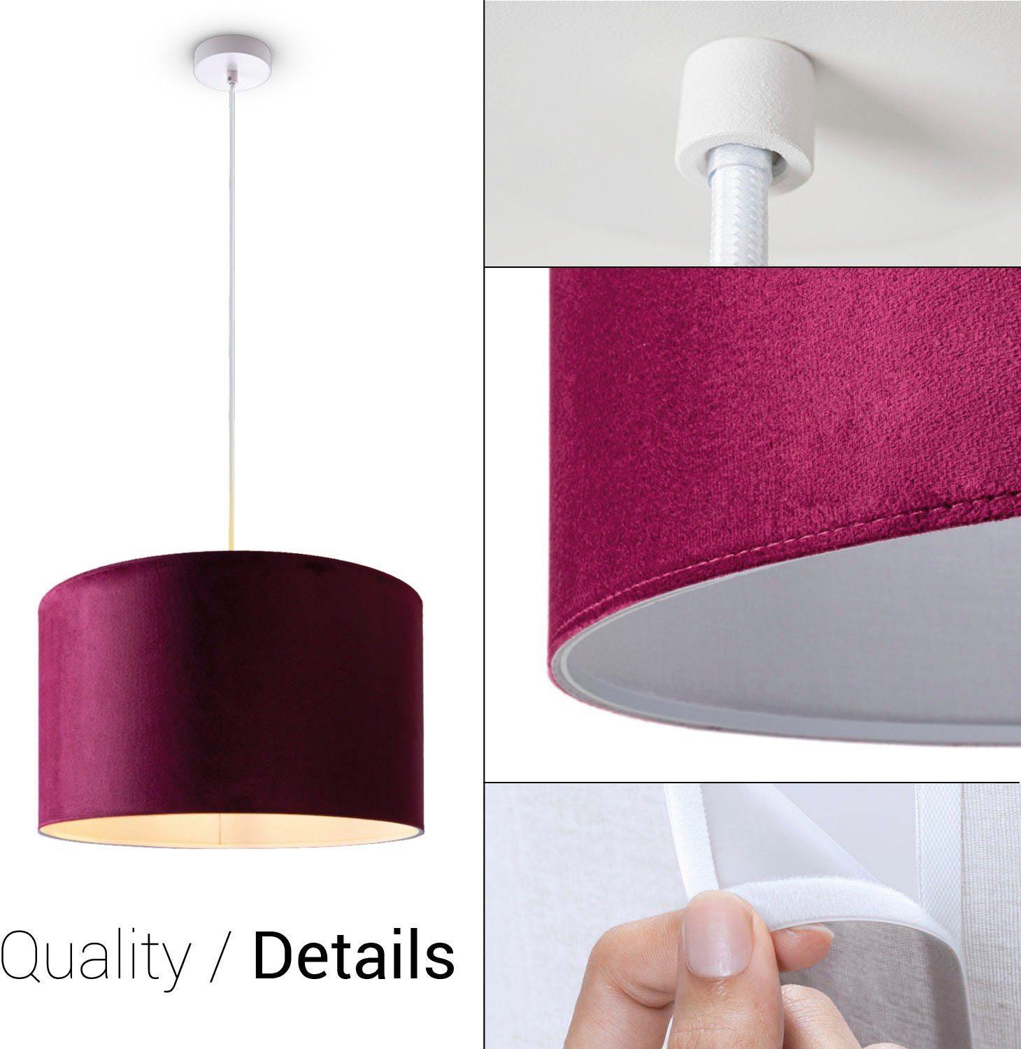 Leuchtmittel, Deko uni Color, Velour Pendelleuchte Home Unifarben ohne 1,5m Lampenschirm aus Wohnzimmer Kabel Hugo beere Paco E27