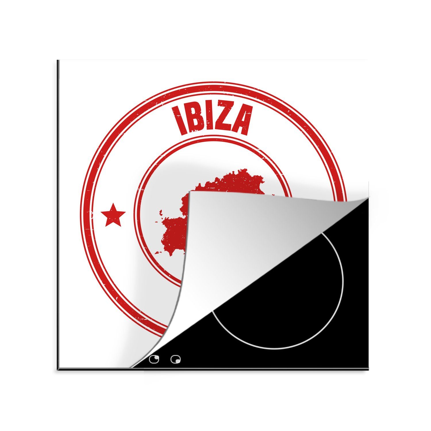 78x78 tlg), Vinyl, (1 Briefmarke Eine Illustration für Ibiza, küche einer cm, aus Herdblende-/Abdeckplatte Arbeitsplatte Ceranfeldabdeckung, MuchoWow