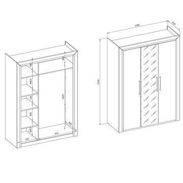 Lomadox Kleiderschrank ASERI-83 3-türig mit Spiegeltür, schwarz matt, ca. 155/214/61 cm