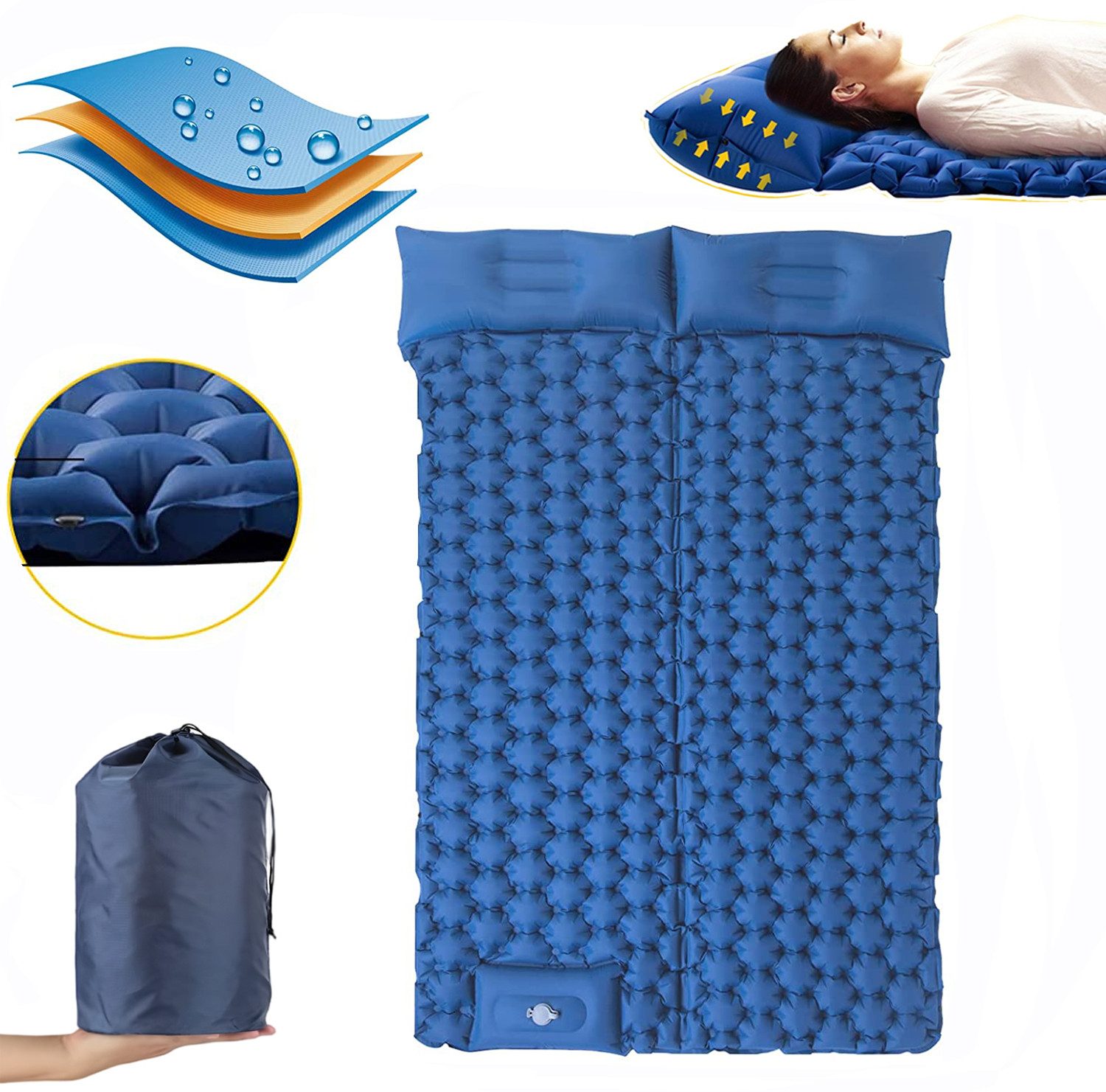 AKKEE Isomatte Campingmatte mit Kissen, Isomatte Outdoor, 2 Personen, Selbstaufblasend, Isomatte Ultraleicht, Isomatte Camping Outdoor