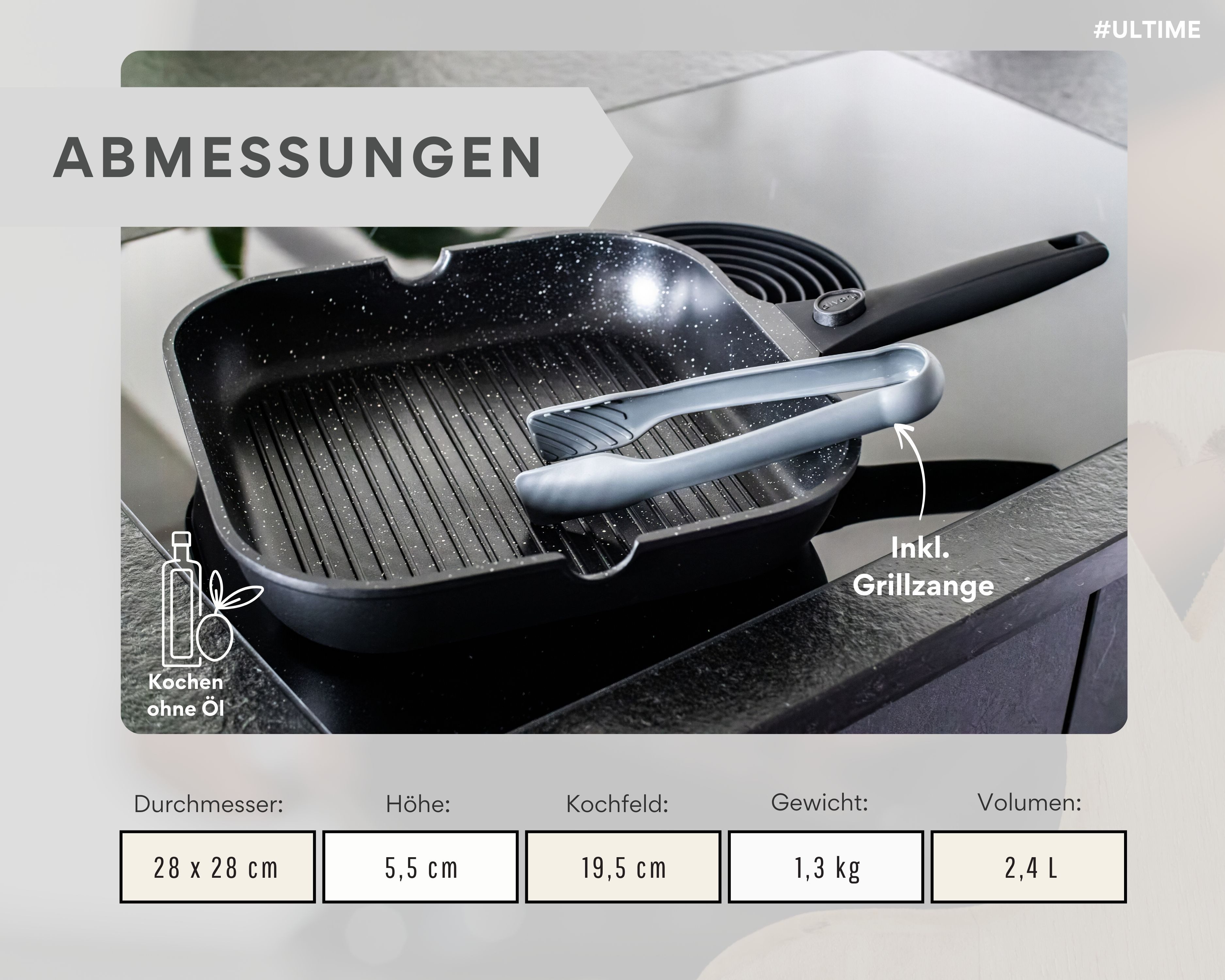 divory Grillpfanne mit Antihaftbeschichtung, abnehmbarer Griff, alle Herdarten (28x28 cm), Aluminium, Induktion, abnehmbarer Griff