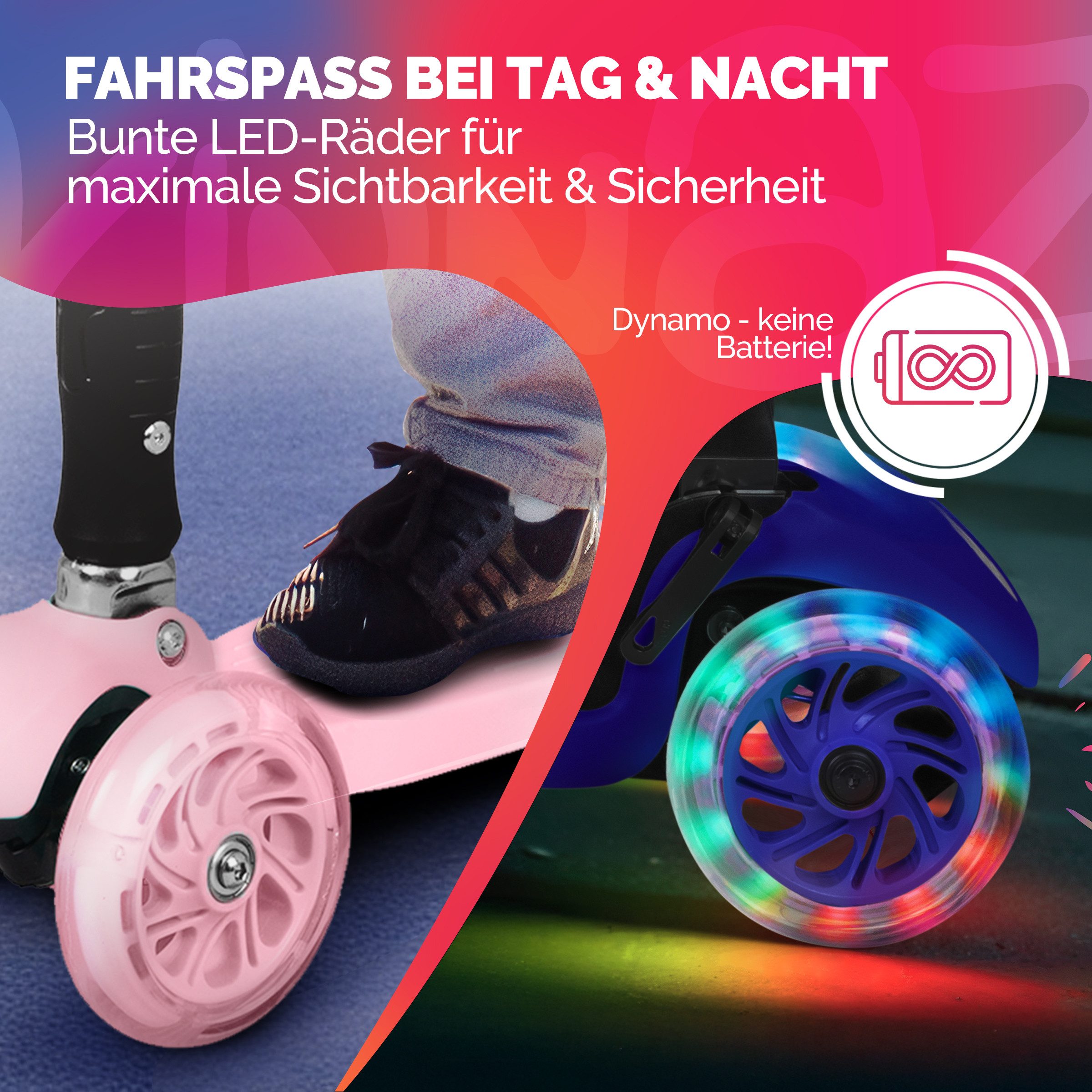 KINNAZ Dreiradscooter ab 5 Jahre, LED Räder, Höhe flexibel, faltbar, Roller Scooter Garantie, (Kinderroller, Kinnaz Two), faltbar, höhenverstellbar, LED Räder,  – Bild 4 von 5