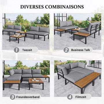 Tongtong Gartenlounge-Set Rahmen aus verzinktem Stahl,Akazienholz Tischplatte,Beige/Grau, (2x 2-Sitzer-Sofa, 2x Beistelltisch, 1x Tisch), Stoffbezug kann die Rückseite des Stuhls abdecken