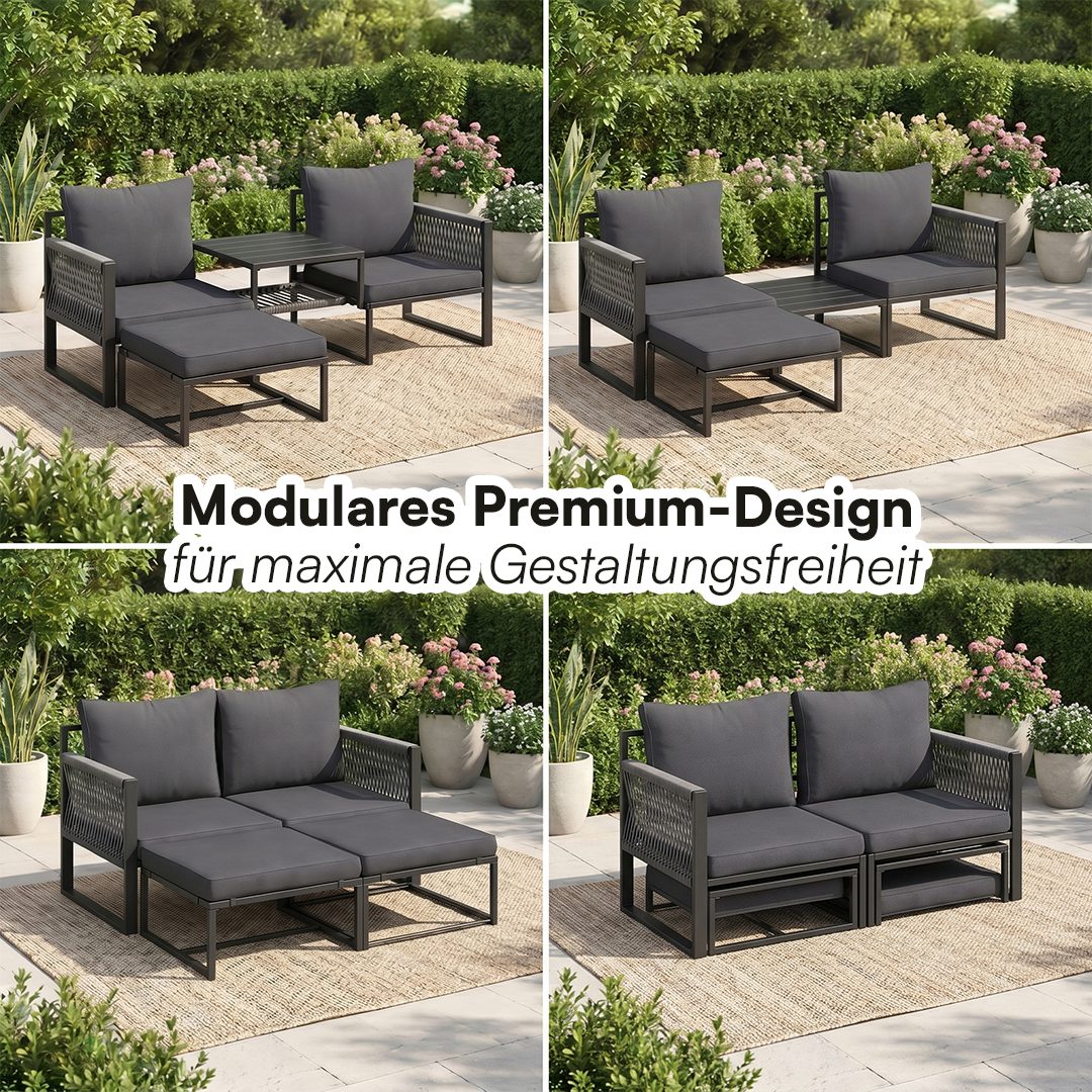 STEELSØN Sitzgruppe Tyranis 4-teiliges Gartenmöbel Set mit Tisch & Hocker, (schwarz, 4-tlg), gepolsterte Sitzgarnitur für 2-4 Personen, wetterfest, bis 160 kg
