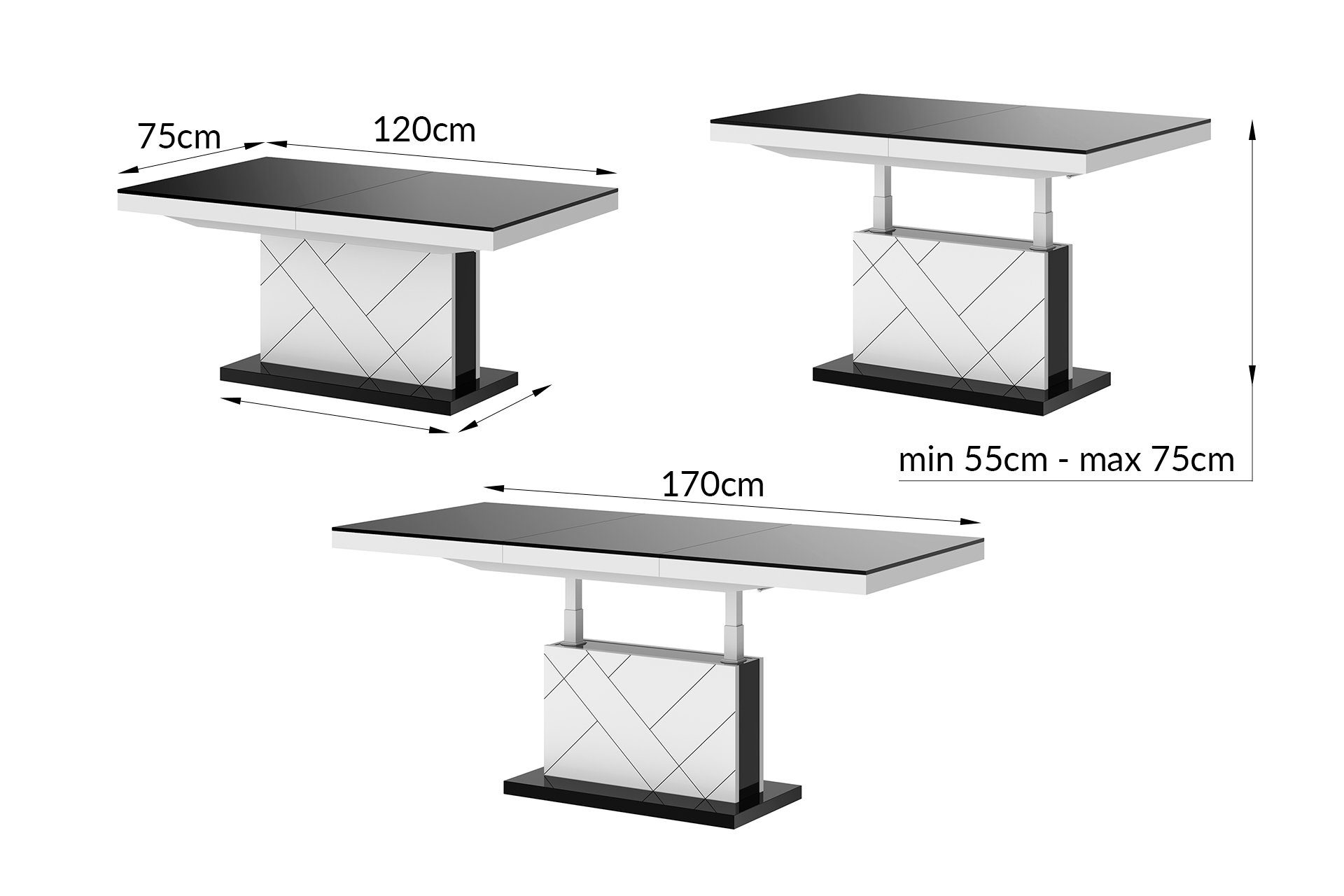 designimpex Couchtisch Design HM-333 Schwarz höhenverstellbar Hochglanz Weiß ausziehbar Hochglanz / / Schwarz Weiß Hochglanz