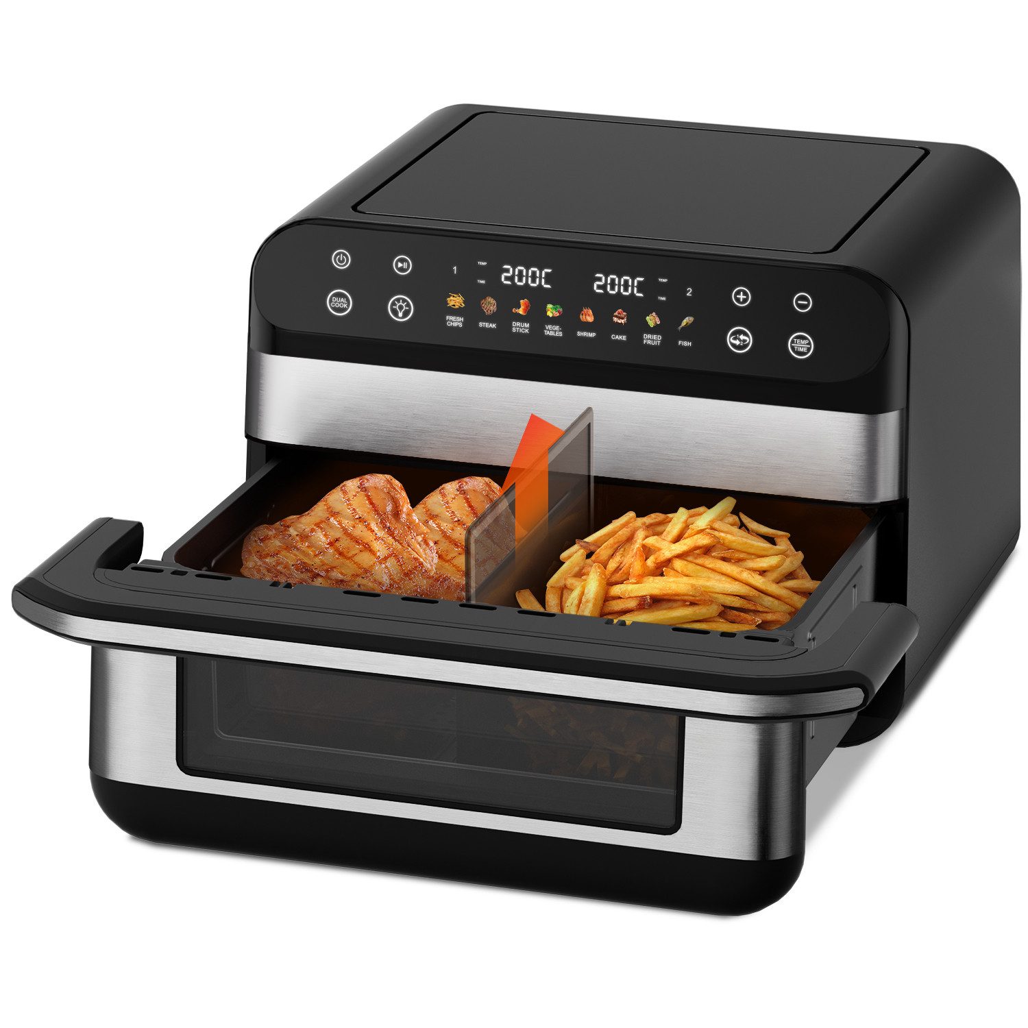 Hiazurm Heißluftfritteuse Dual Zone Heißluftfritteuse, 10L Airfryer mit herausnehmbarem Trenner, 2 Gestelle, Heißluftfritteuse 2 kammern, 8 Kochfunktionen, 2700 W, Antihaftbeschichtung, spülmaschinenfester Korb, 8-10 Portionen