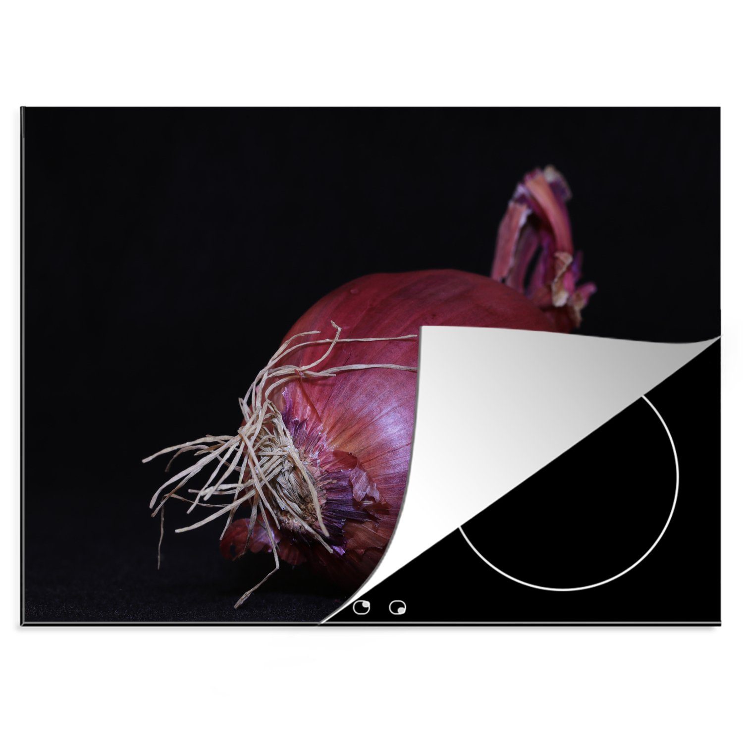 MuchoWow Herdblende-/Abdeckplatte Rote Zwiebel mit nutzbar, tlg), violettem Hintergrund, Ceranfeldabdeckung (1 cm, Vinyl, 70x52 schwarzem auf Arbeitsfläche Äußeren Mobile