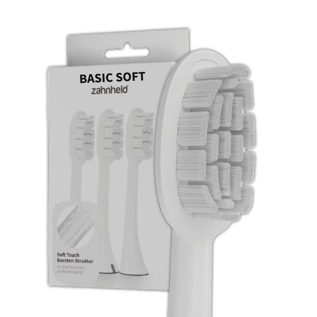 Zahnheld Aufsteckbürsten Ersatzbürsten Basic Soft - ideal für Schallzahnbürste Gero, im 3er, 6er oder 9er Set, Zahnpflege Set, sensibles Zahnfleisch & Zähne, plastikfrei verpackt, 3 Stück, weiß