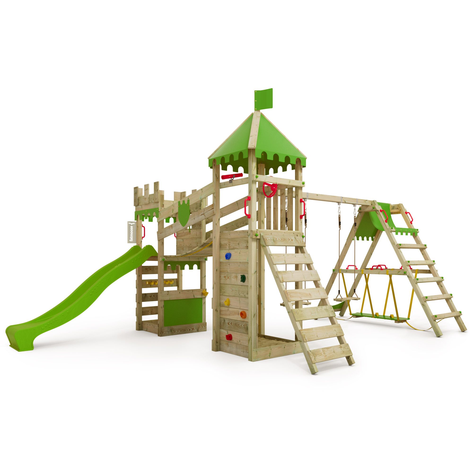 FATMOOSE Spielturm RiverRun mit SurfSwing – Ritterburg mit Wellenrutsche, Hängebrücke, & Sandkasten - extrem witterungsbeständig mit 10 Jahren Garantie*