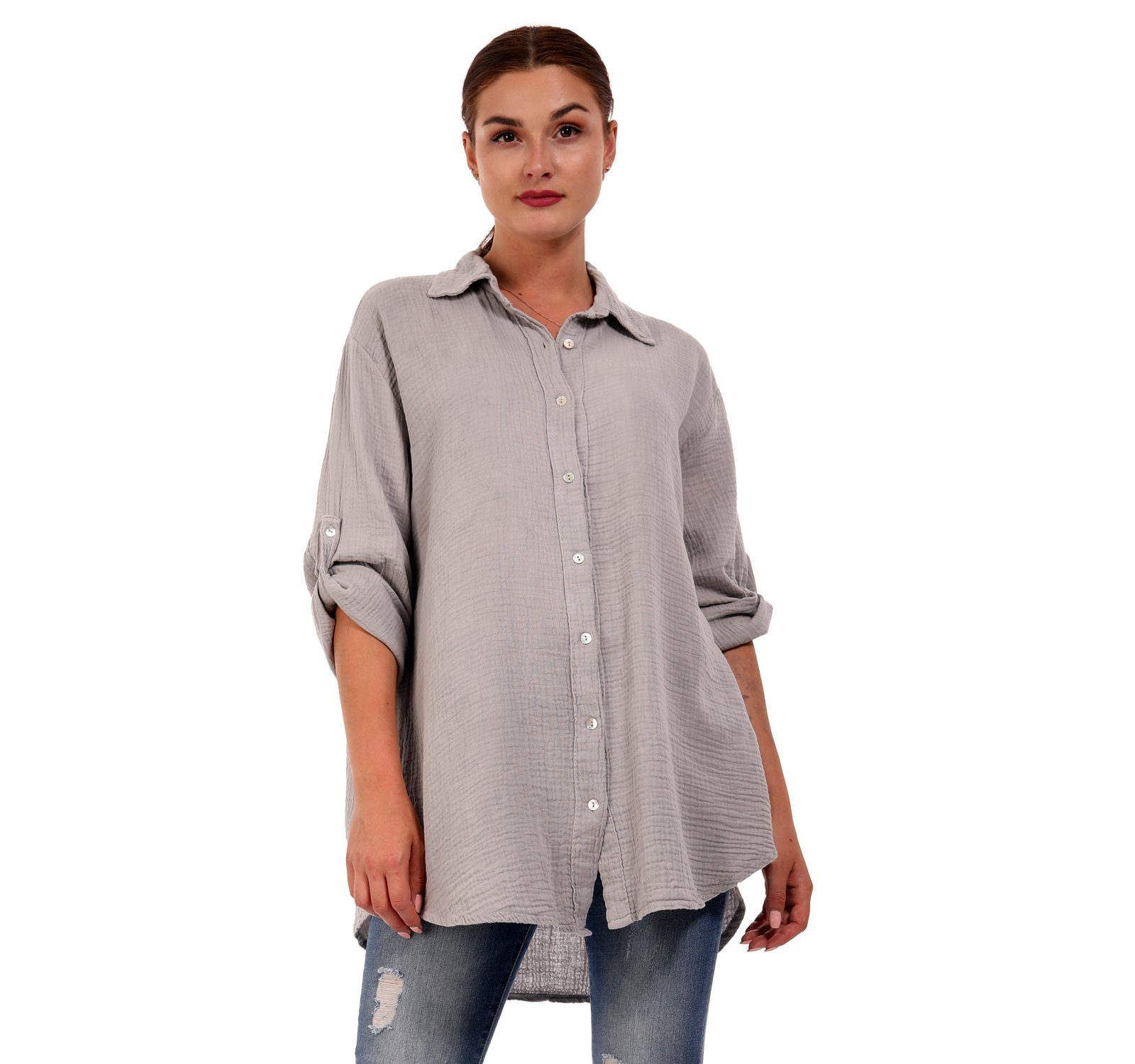 YC Fashion & Style Hemdbluse Bluse Oversized Long bluse Herrlich weicher Musselin One Size (1-tlg) Uni, Langarm, Casual grau