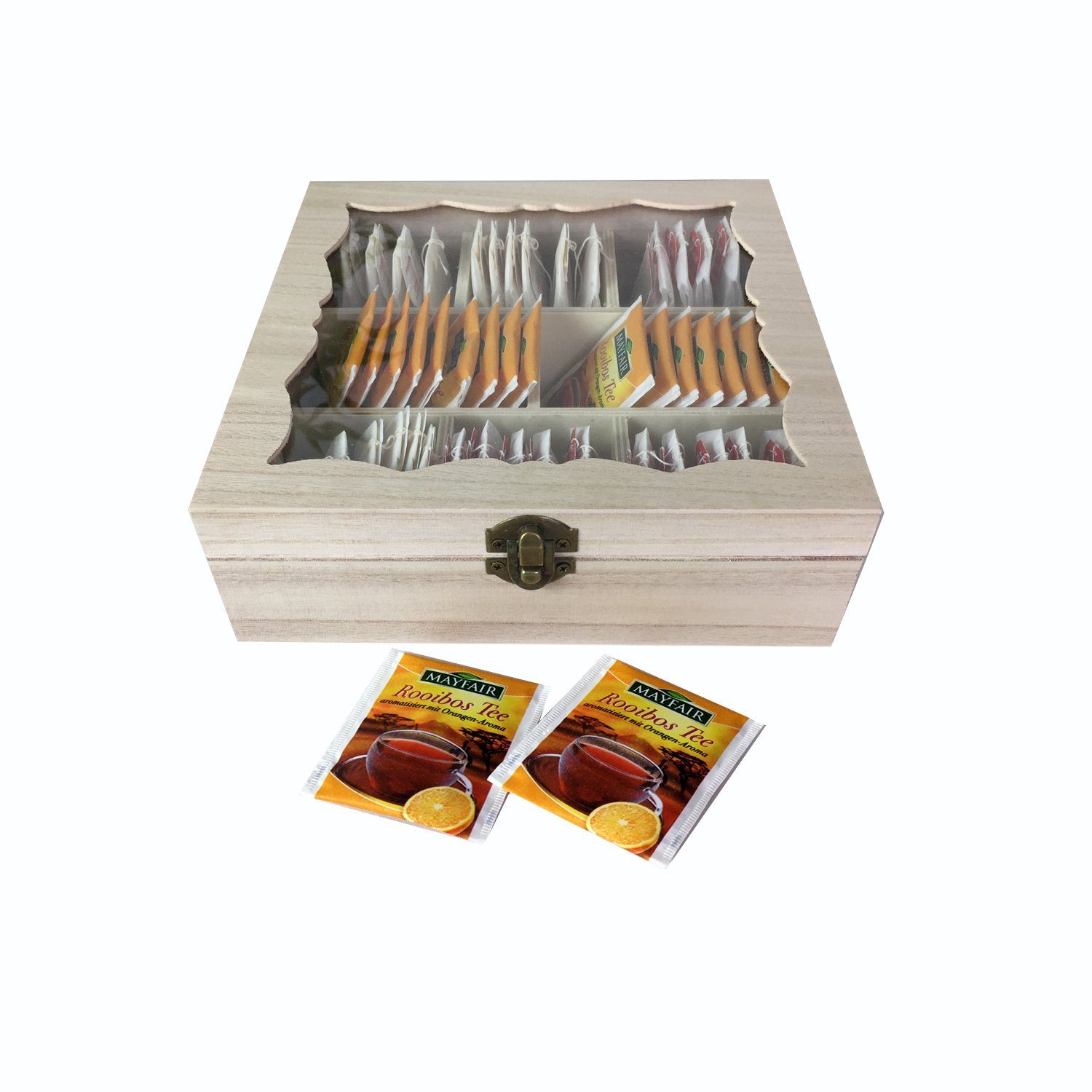 Mojawo Gewürzbehälter Teebox Holz Natur mit Glasdeckel 8 Fächer | Thermobehälter