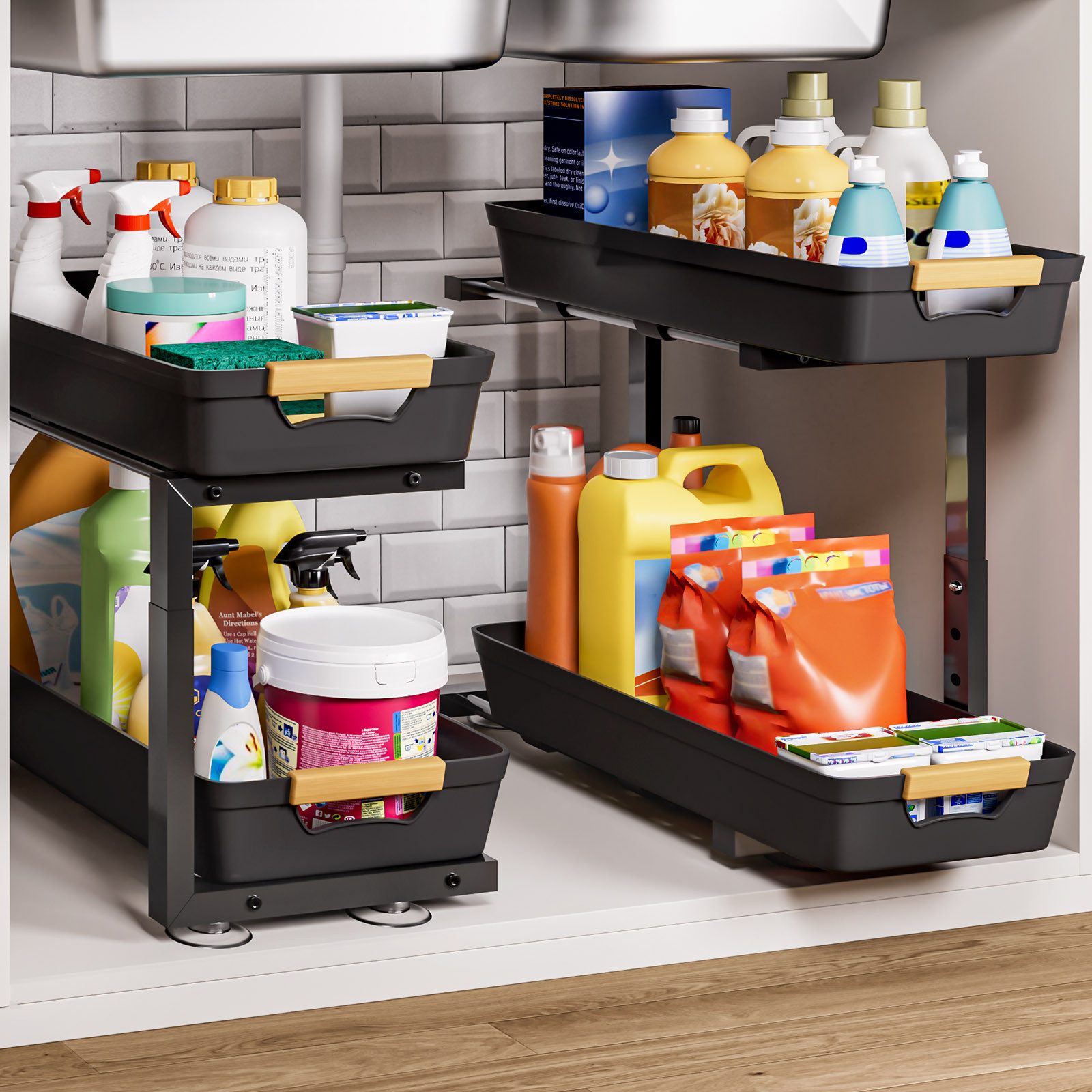 Yorbay Ablageregal Küchenregal 2er Set,Waschbecken Regal, Küchenschrank Organizer,Schwarz, Höhenverstellbarer Schubladenschrank für Küche & Bad